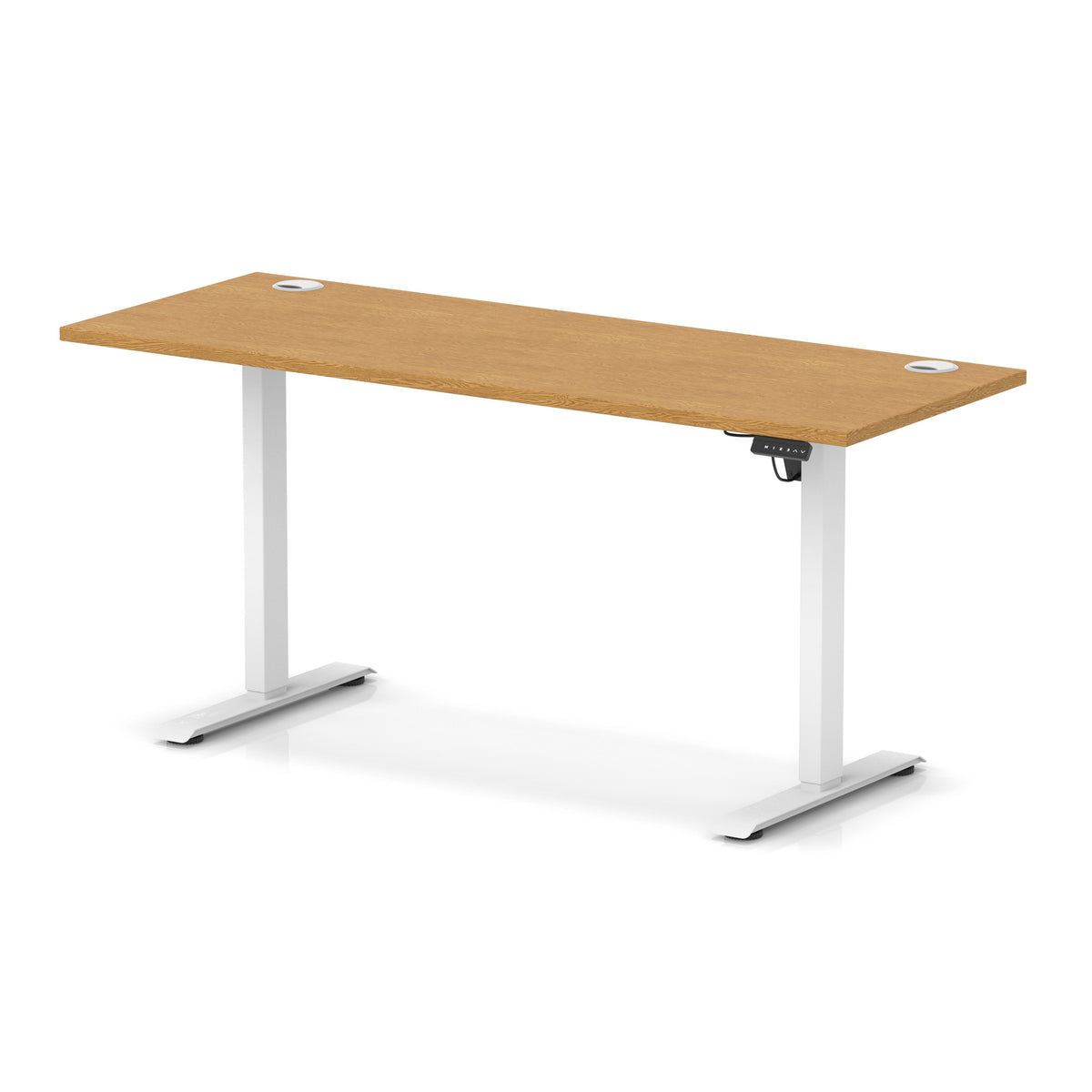 Air Lite Height Adjustable Slimline Desk With Cable Ports 1600mm Oak White - Industrious Decor