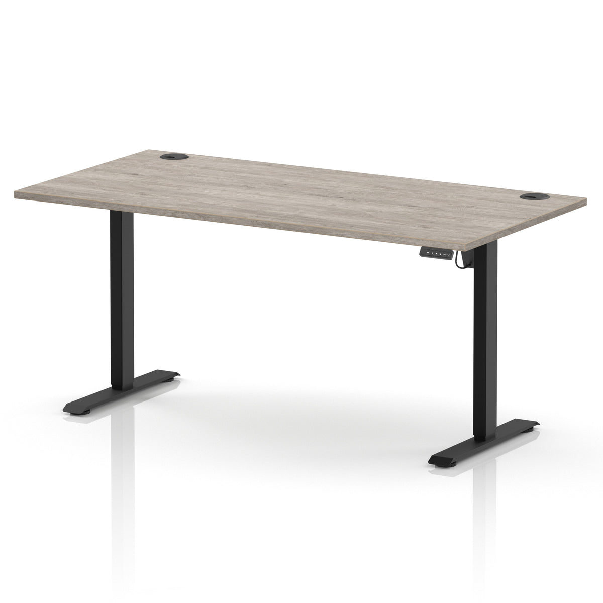 Air Lite Height Adjustable Desk With Cable Ports 1600mm Grey Oak Black - Industrious Decor