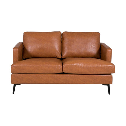 Harlow 2 Seater sofa side view showing tan faux leather upholstery and clean contemporary arm profile