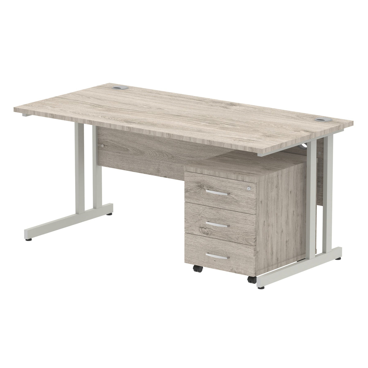 ID Workplace Cantilever Desk with Mobile Pedestal Grey Oak Silver 3 Drawer Mobile Pedestal - Industrious Decor