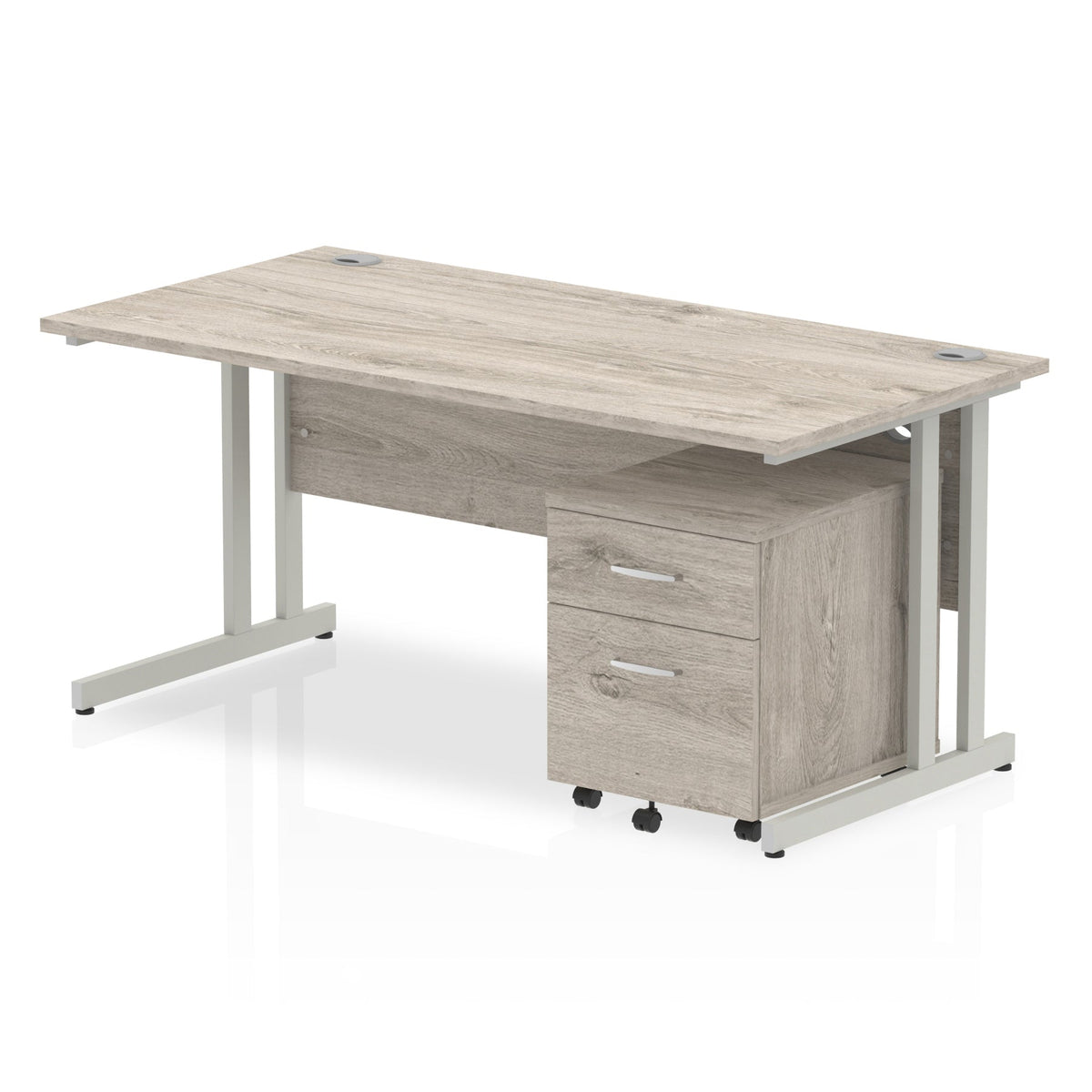 ID Workplace Cantilever Desk with Mobile Pedestal Grey Oak Silver 2 Drawer Mobile Pedestal - Industrious Decor