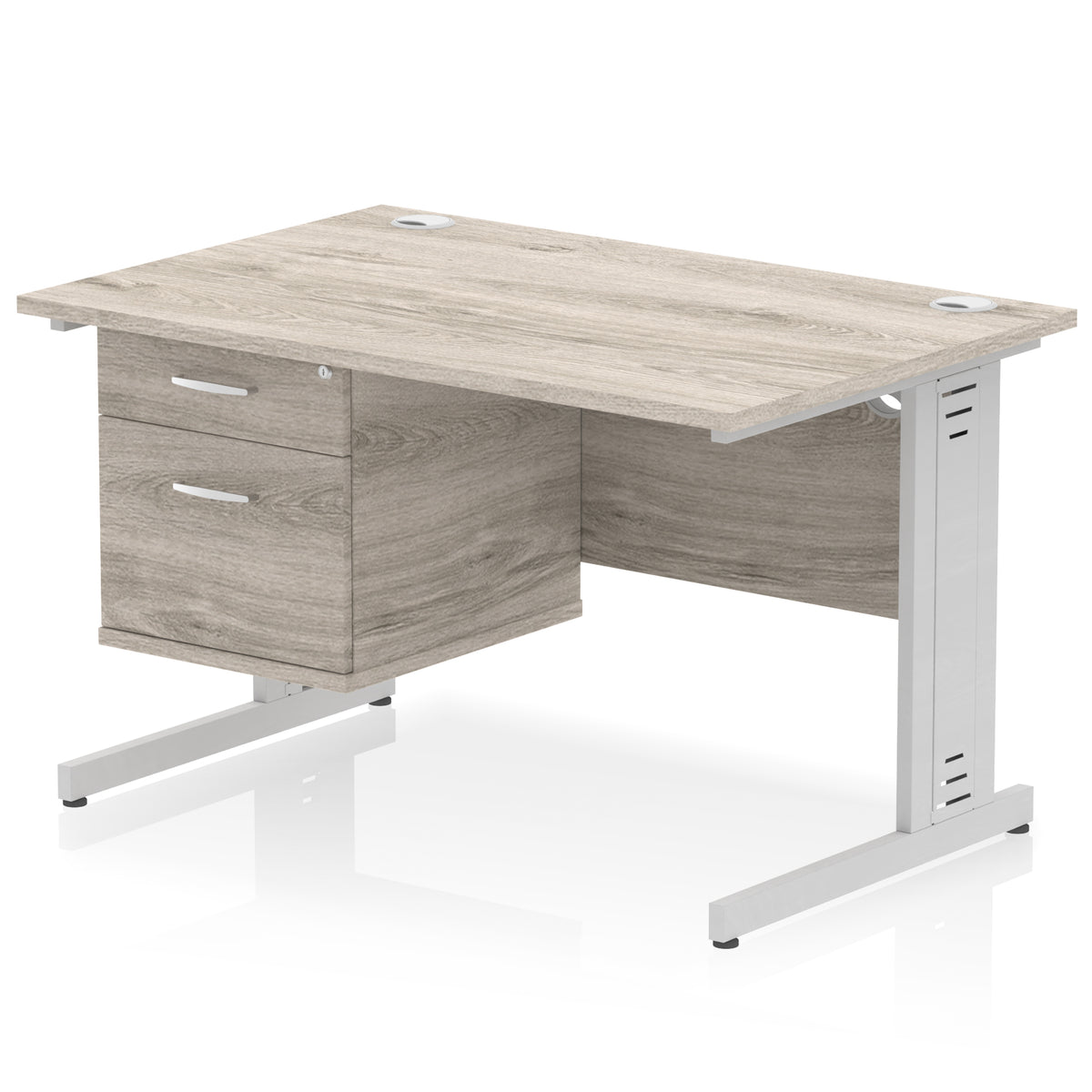 ID Workplace Cable Managed Desk – 1200mm Grey Oak 2 Drawer Silver - Industrious Decor
