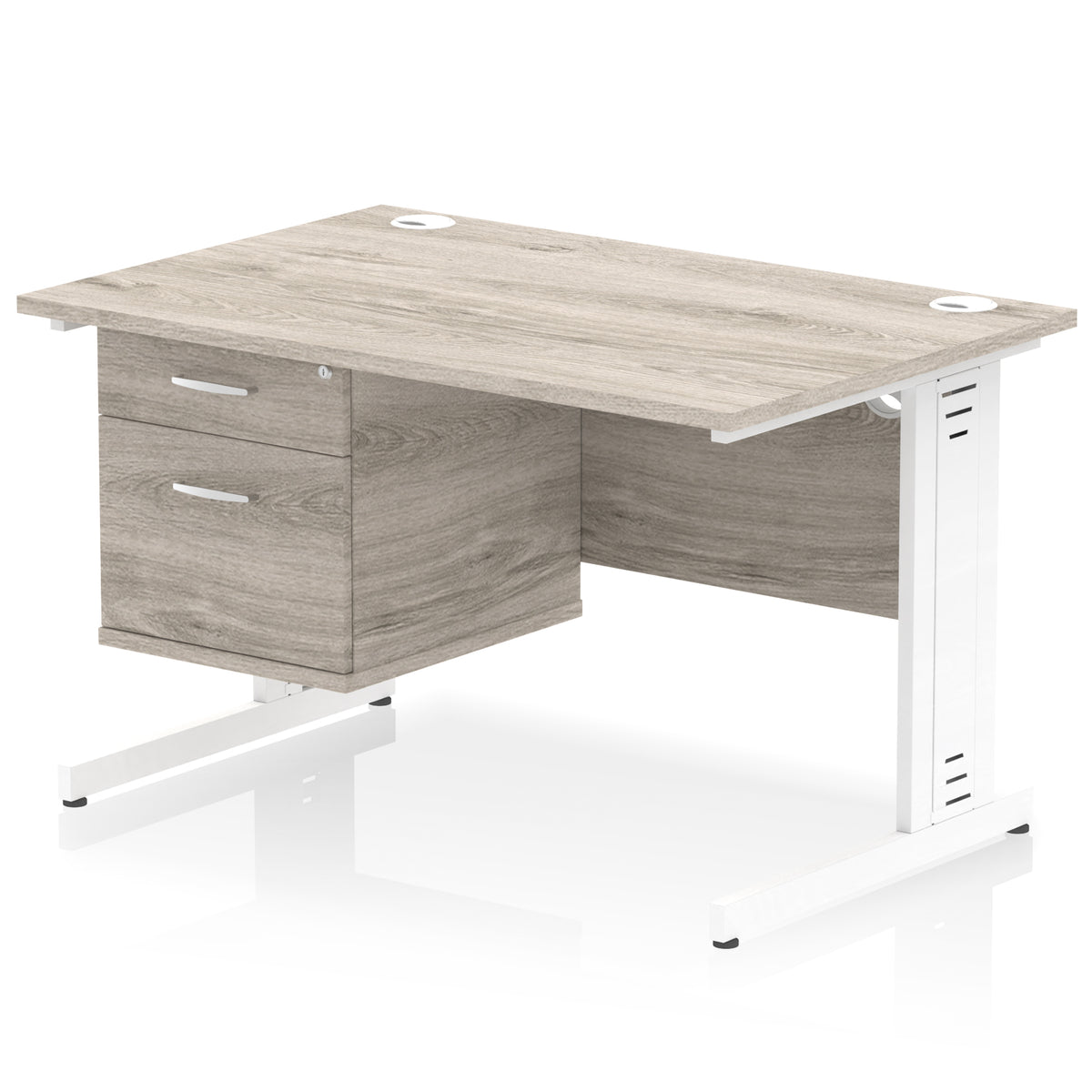 ID Workplace Cable Managed Desk – 1200mm Grey Oak 2 Drawer White - Industrious Decor