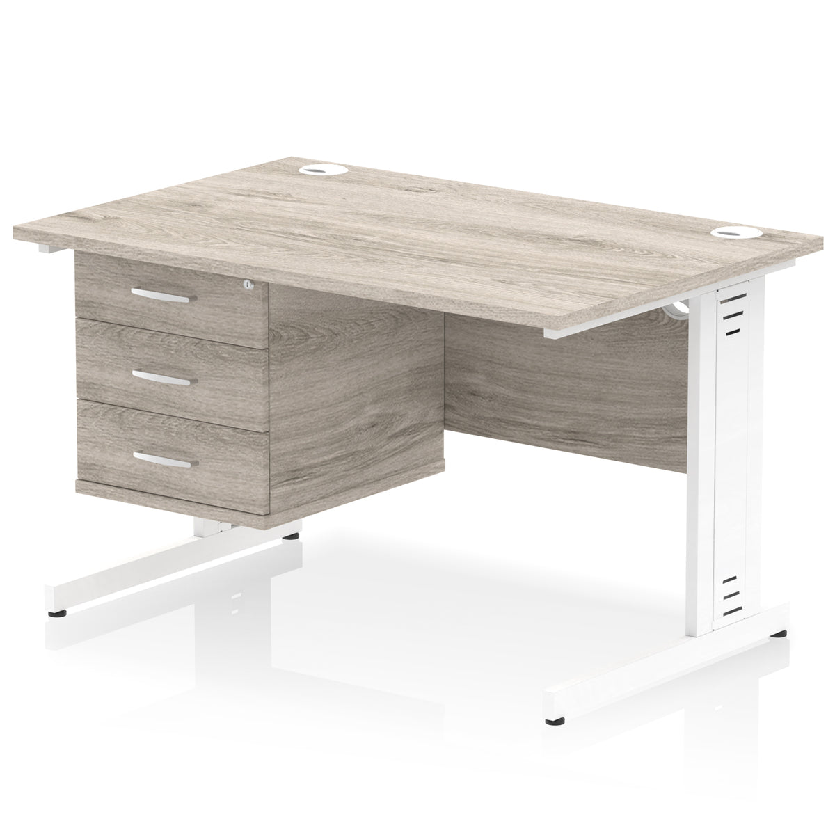 ID Workplace Cable Managed Desk – 1200mm Grey Oak 3 Drawer White - Industrious Decor