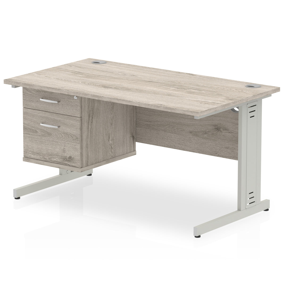 ID Workplace Cable Managed Desk – 1400mm Grey Oak 2 Drawer Silver - Industrious Decor