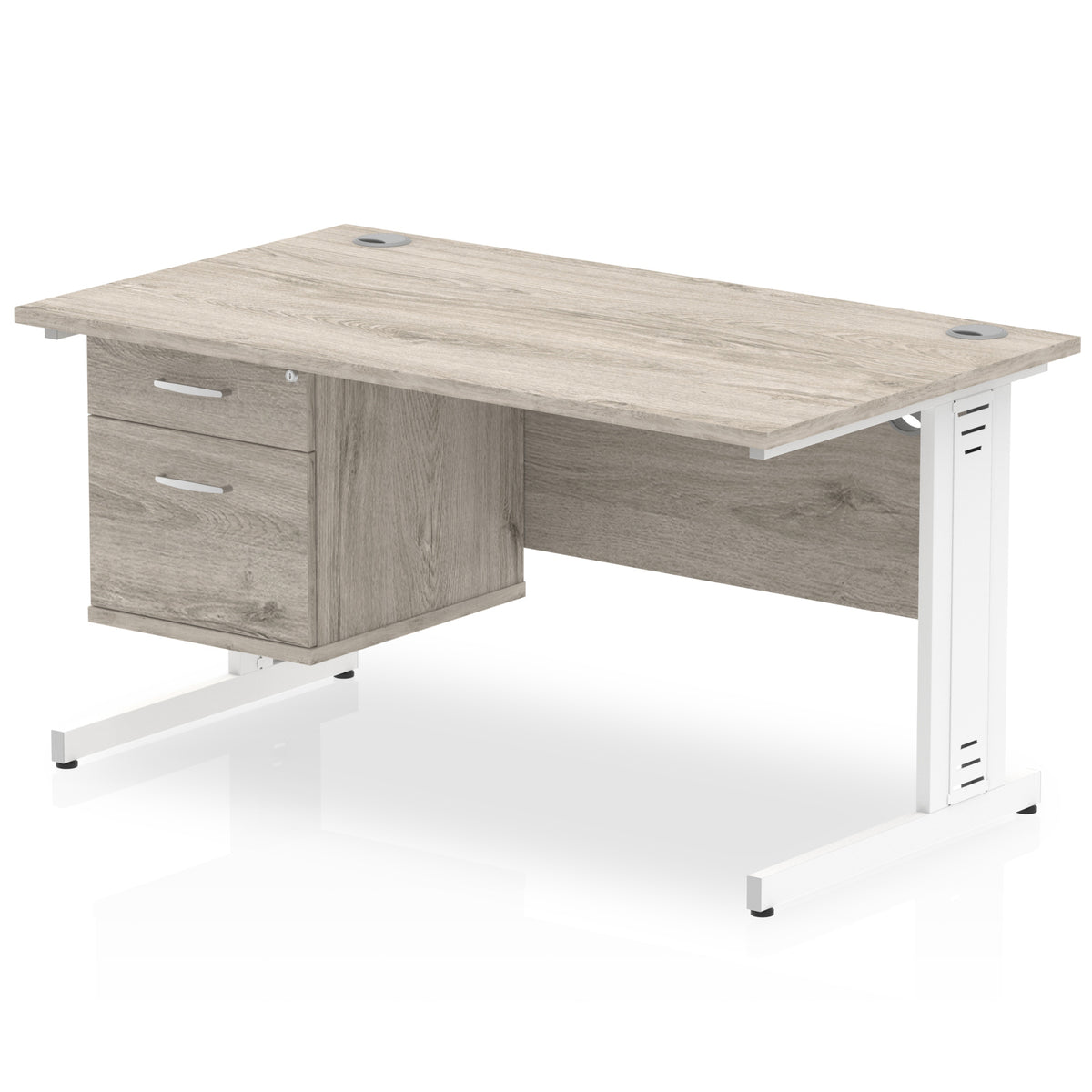 ID Workplace Cable Managed Desk – 1400mm Grey Oak 2 Drawer White - Industrious Decor