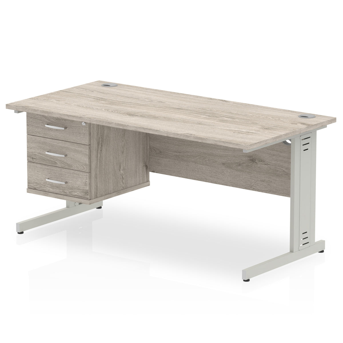 ID Workplace Cable Managed Desk – 1600mm Grey Oak 3 Drawer Silver - Industrious Decor