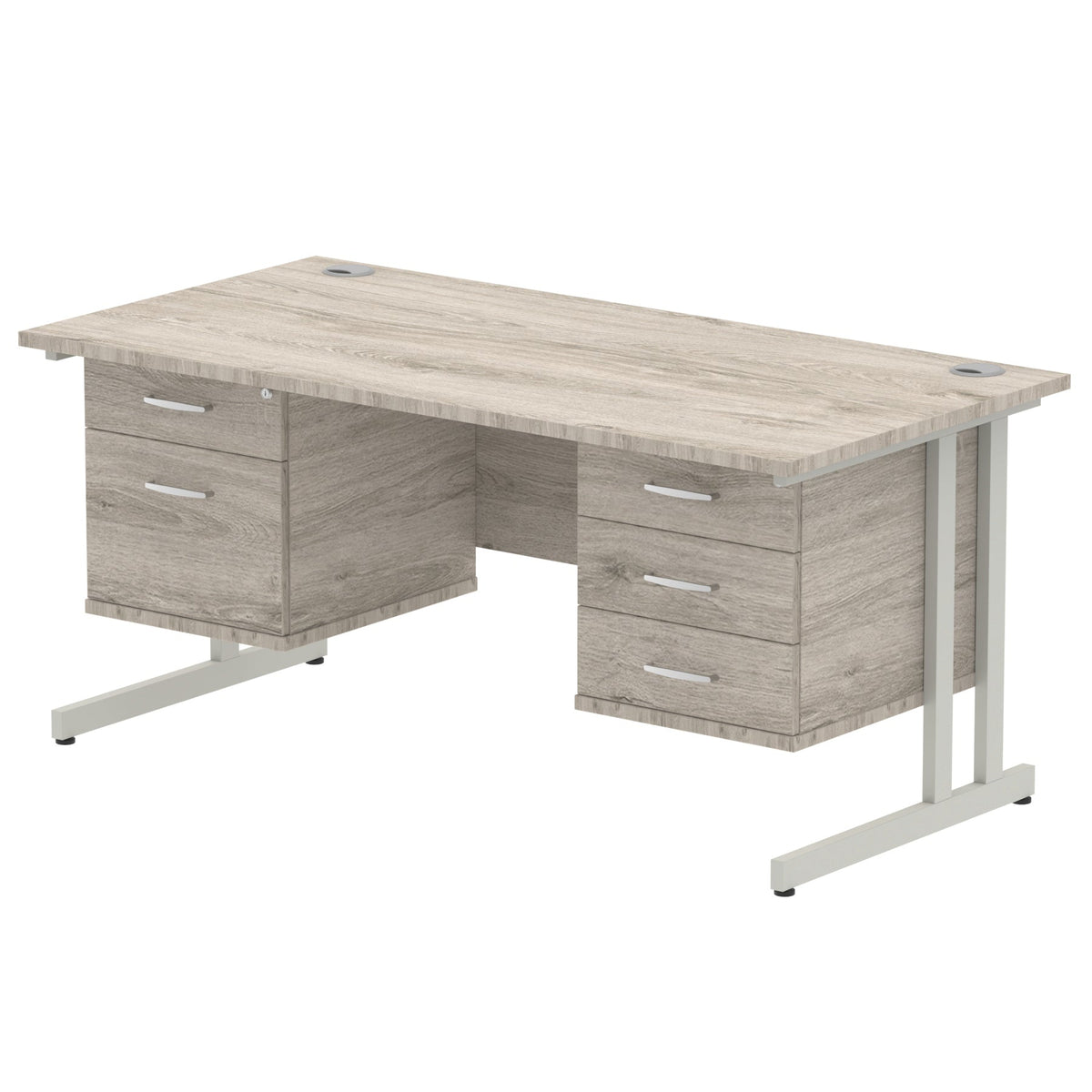 ID Workplace Cantilever Desk with 2-Drawer & 3-Drawer Pedestals Grey Oak Silver - Industrious Decor