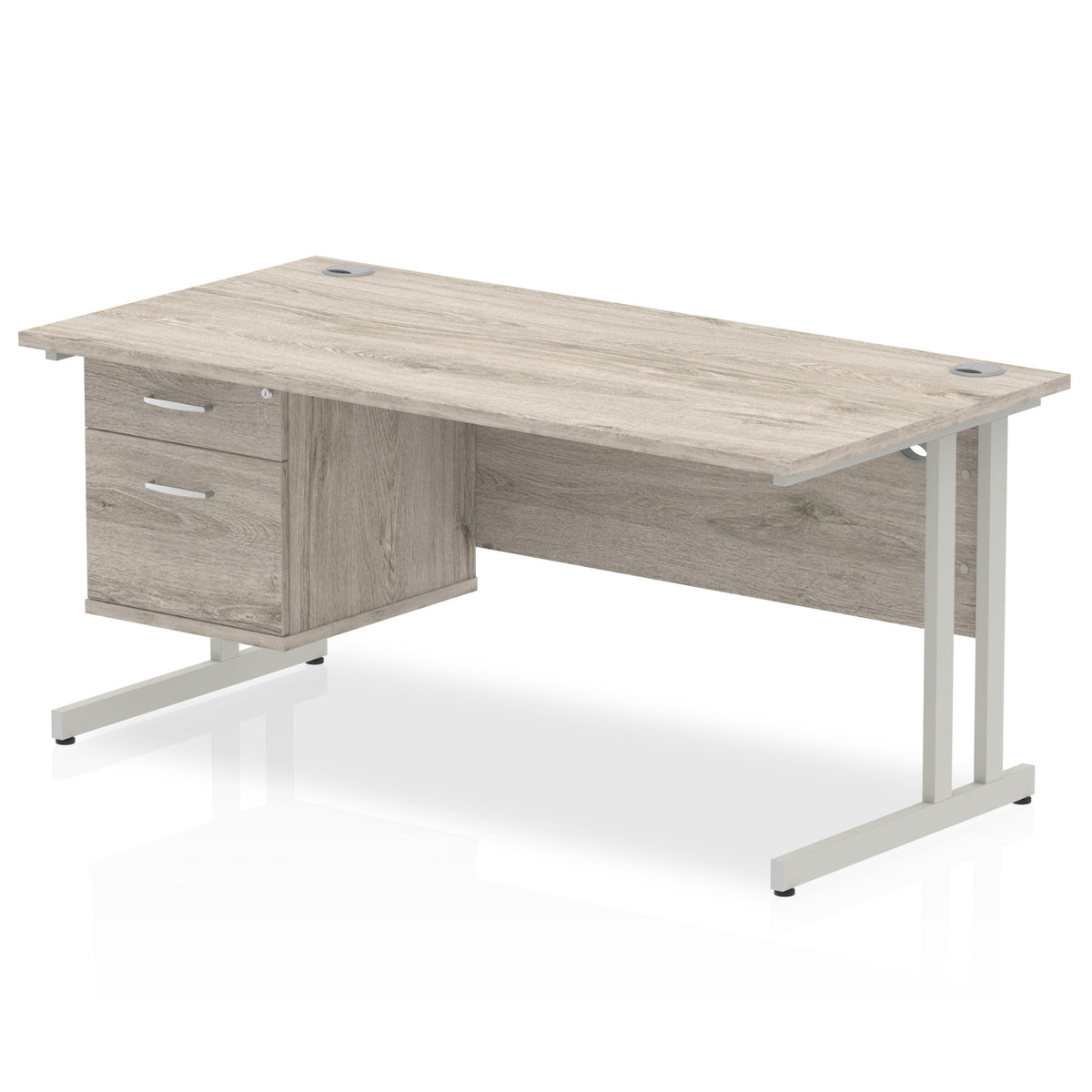 ID Workplace Cantilever Desk with 2 Drawer Fixed Pedestal Grey Oak Silver - Industrious Decor