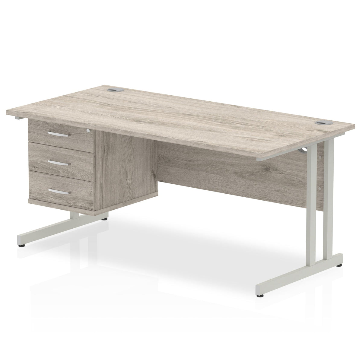 ID Workplace Cantilever Desk with 3 Drawer Fixed Pedestal Grey Oak Silver - Industrious Decor