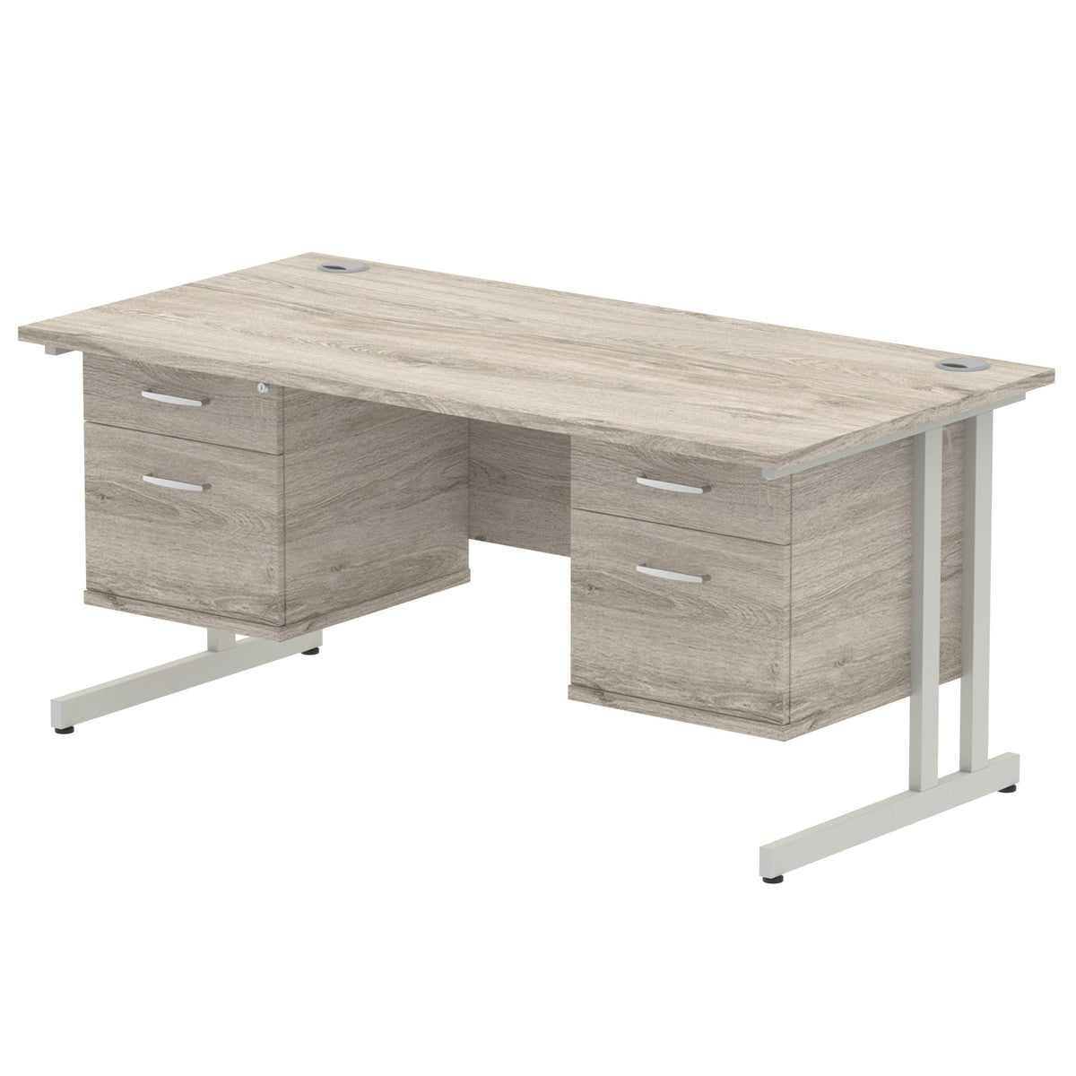 ID Workplace Cantilever Desk with Double 2-Drawer Pedestals Grey Oak Silver - Industrious Decor