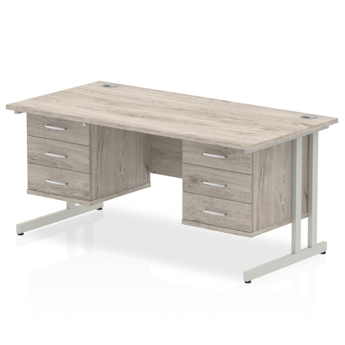 ID Workplace Cantilever Desk with Double 3-Drawer Pedestals Grey Oak Silver - Industrious Decor