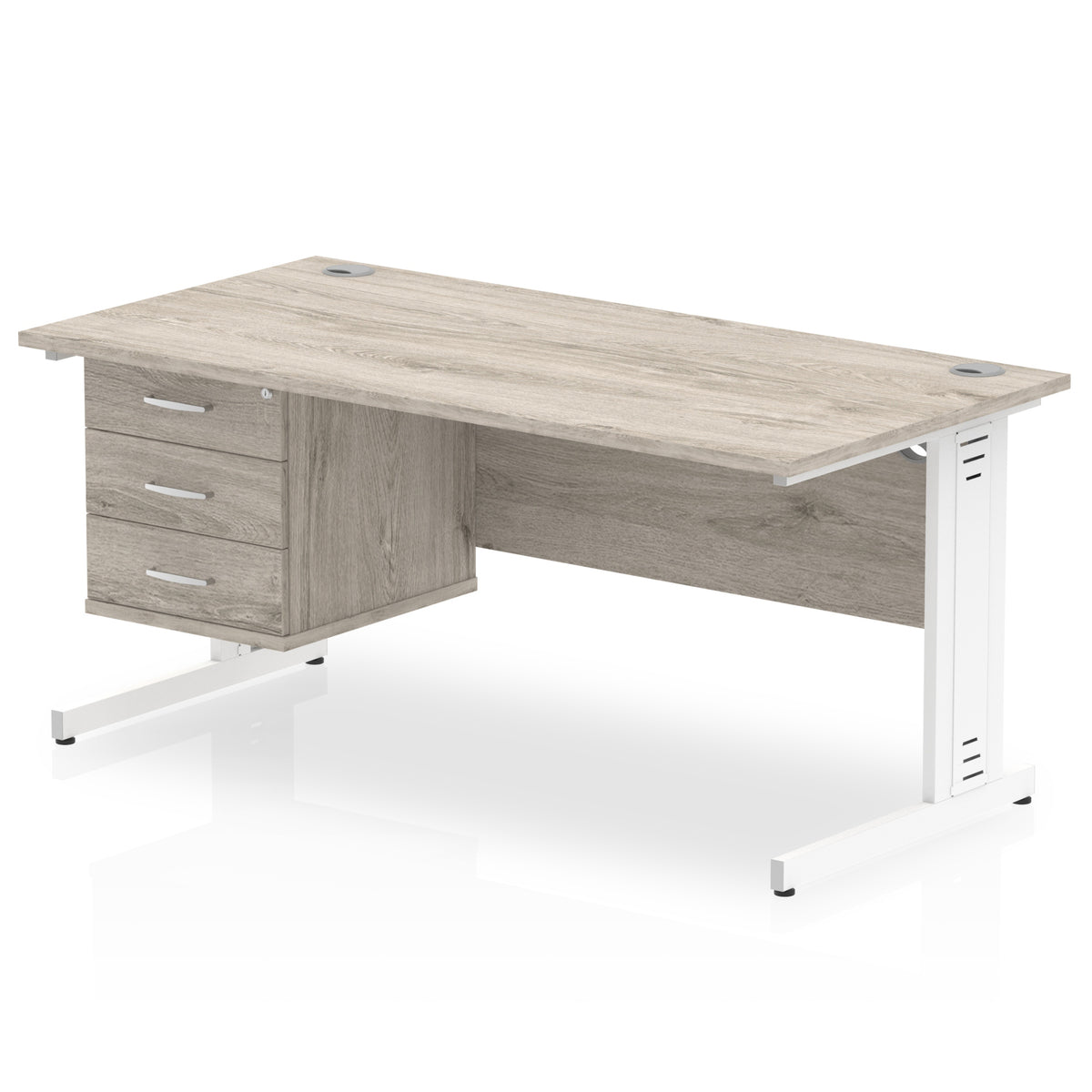 ID Workplace Cable Managed Desk – 1600mm Grey Oak 3 Drawer White - Industrious Decor