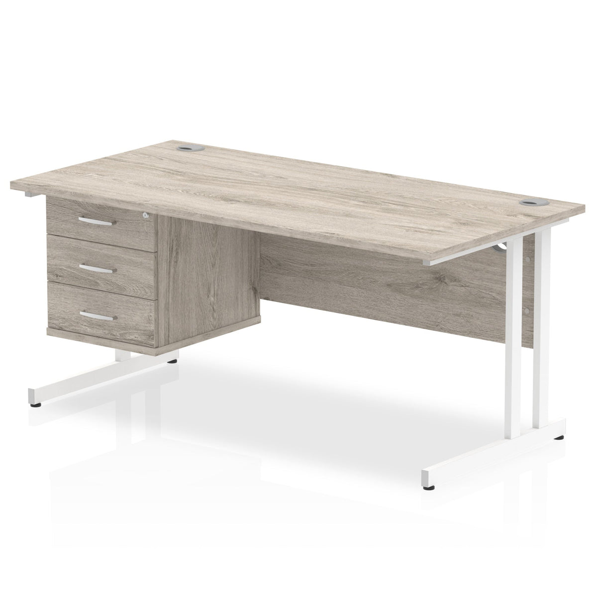 ID Workplace Cantilever Desk with 3 Drawer Fixed Pedestal Grey Oak White - Industrious Decor