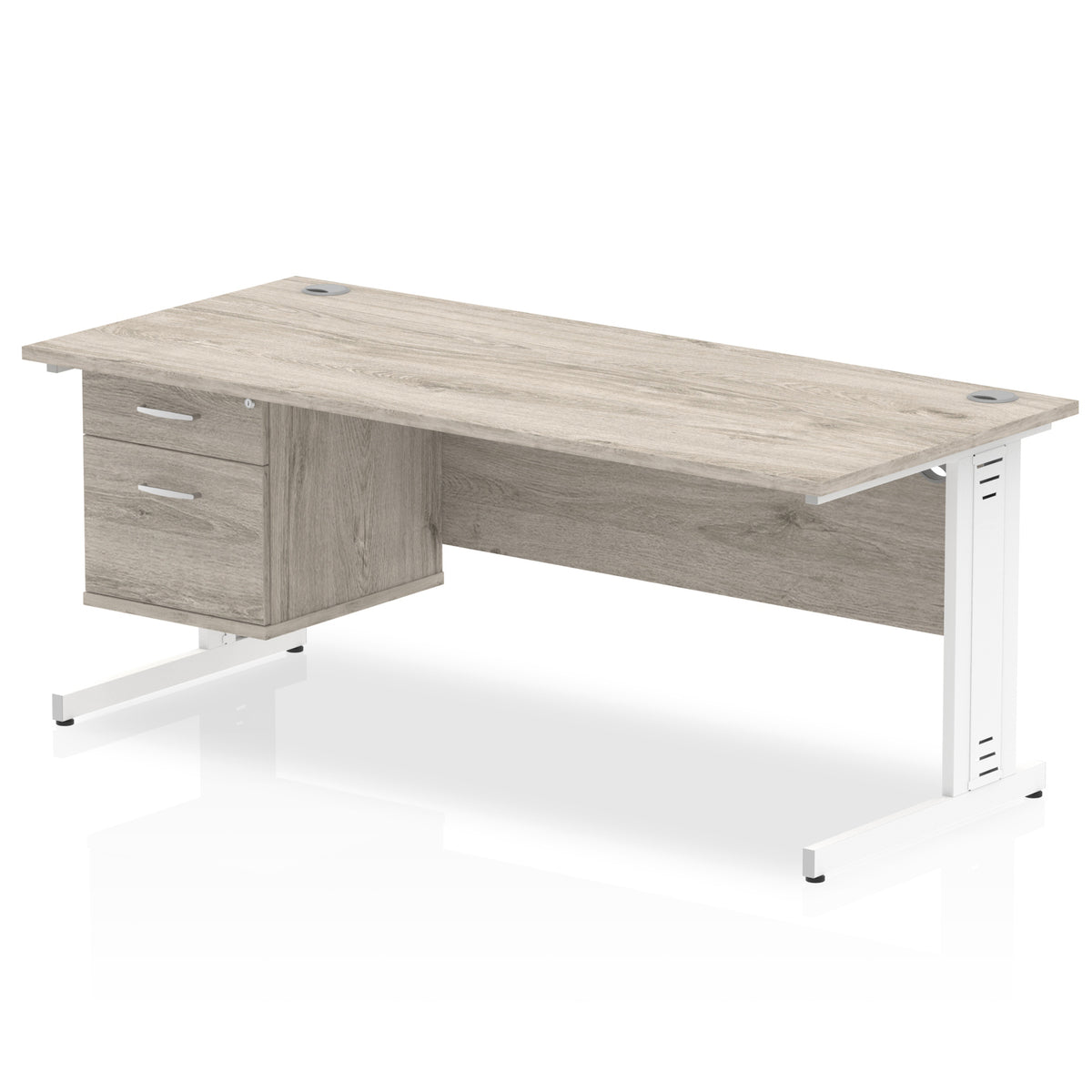 ID Workplace Cable Managed Desk – 1800mm Grey Oak 2 Drawer White - Industrious Decor