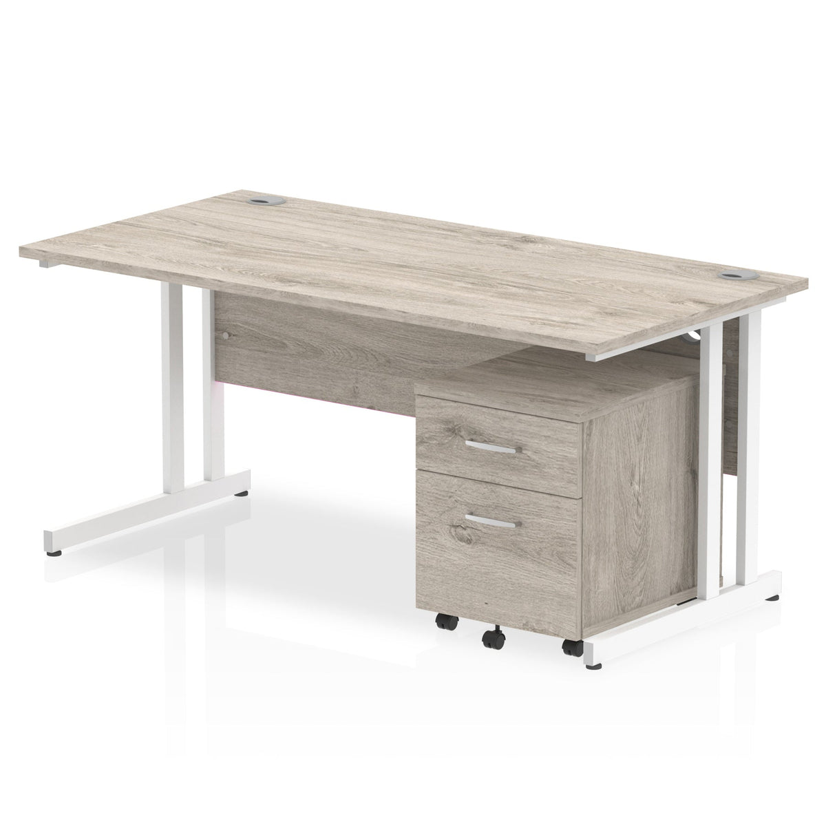 ID Workplace Cantilever Desk with Mobile Pedestal Grey Oak White 2 Drawer Mobile Pedestal - Industrious Decor