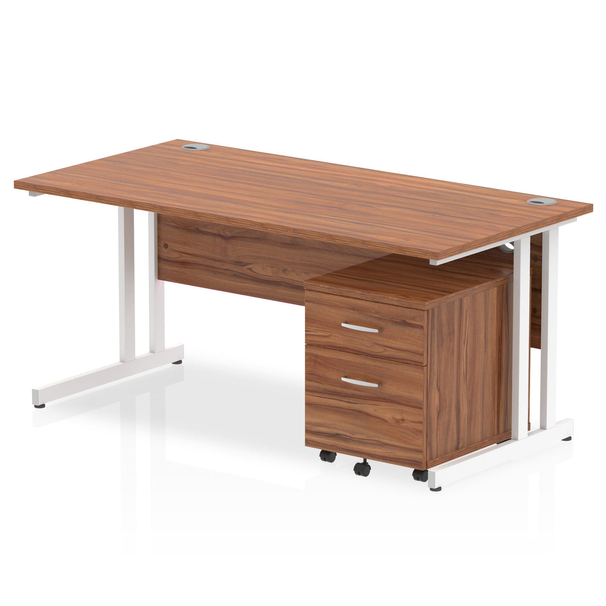 ID Workplace Cantilever Desk with Mobile Pedestal Walnut White 2 Drawer Mobile Pedestal - Industrious Decor