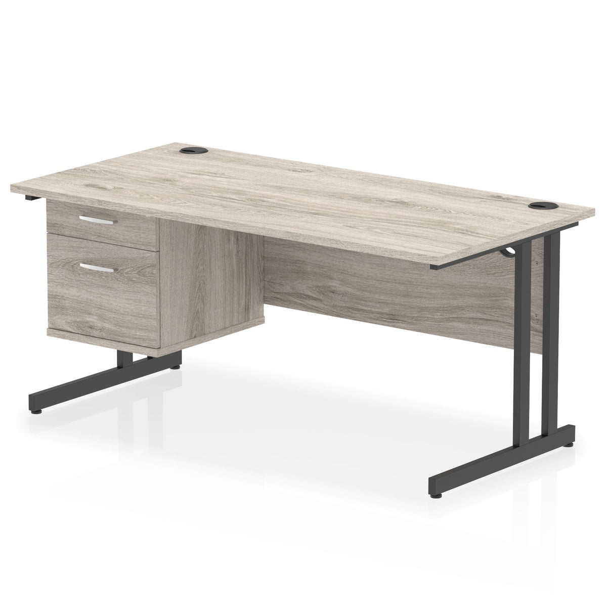 ID Workplace Cantilever Desk with 2 Drawer Fixed Pedestal Grey Oak Black - Industrious Decor