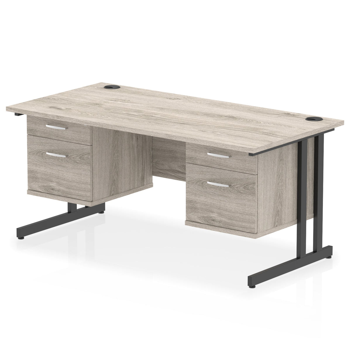 ID Workplace Cantilever Desk with Double 2-Drawer Pedestals Grey Oak Black - Industrious Decor