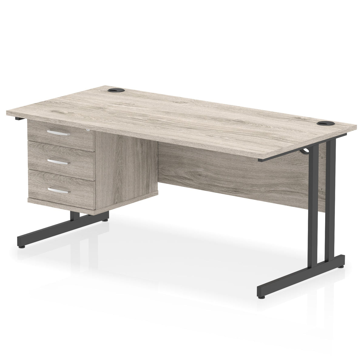 ID Workplace Cantilever Desk with 3 Drawer Fixed Pedestal Grey Oak Black - Industrious Decor