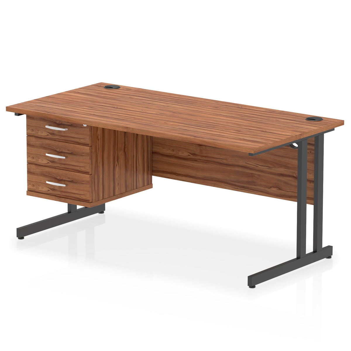 ID Workplace Cantilever Desk with 3 Drawer Fixed Pedestal Walnut Black - Industrious Decor