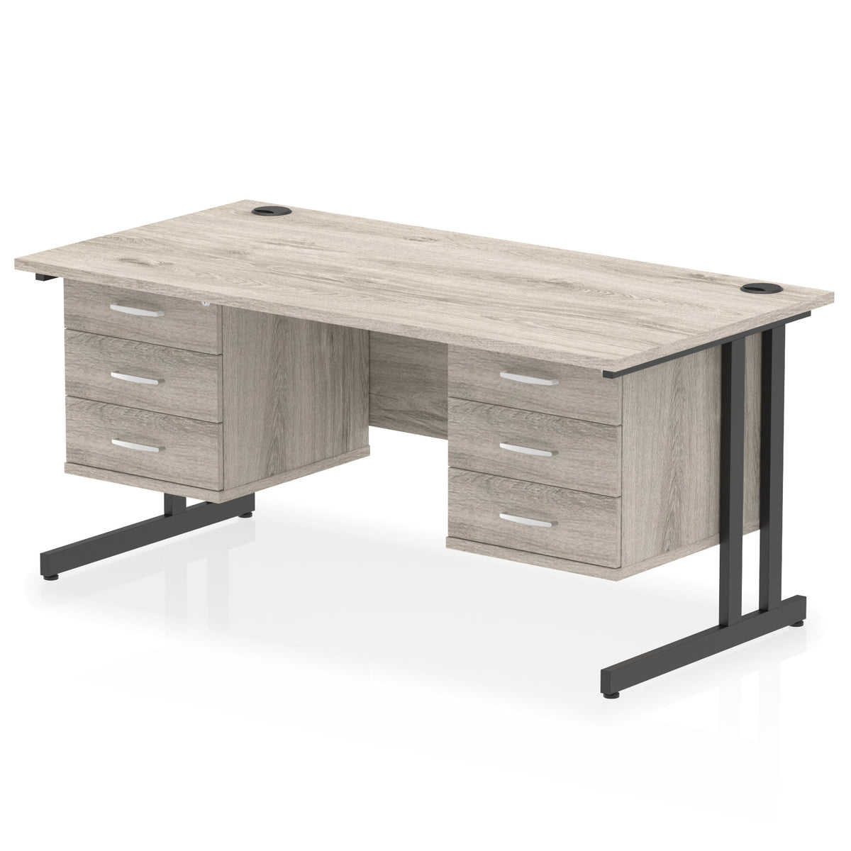 ID Workplace Cantilever Desk with Double 3-Drawer Pedestals Grey Oak Black - Industrious Decor