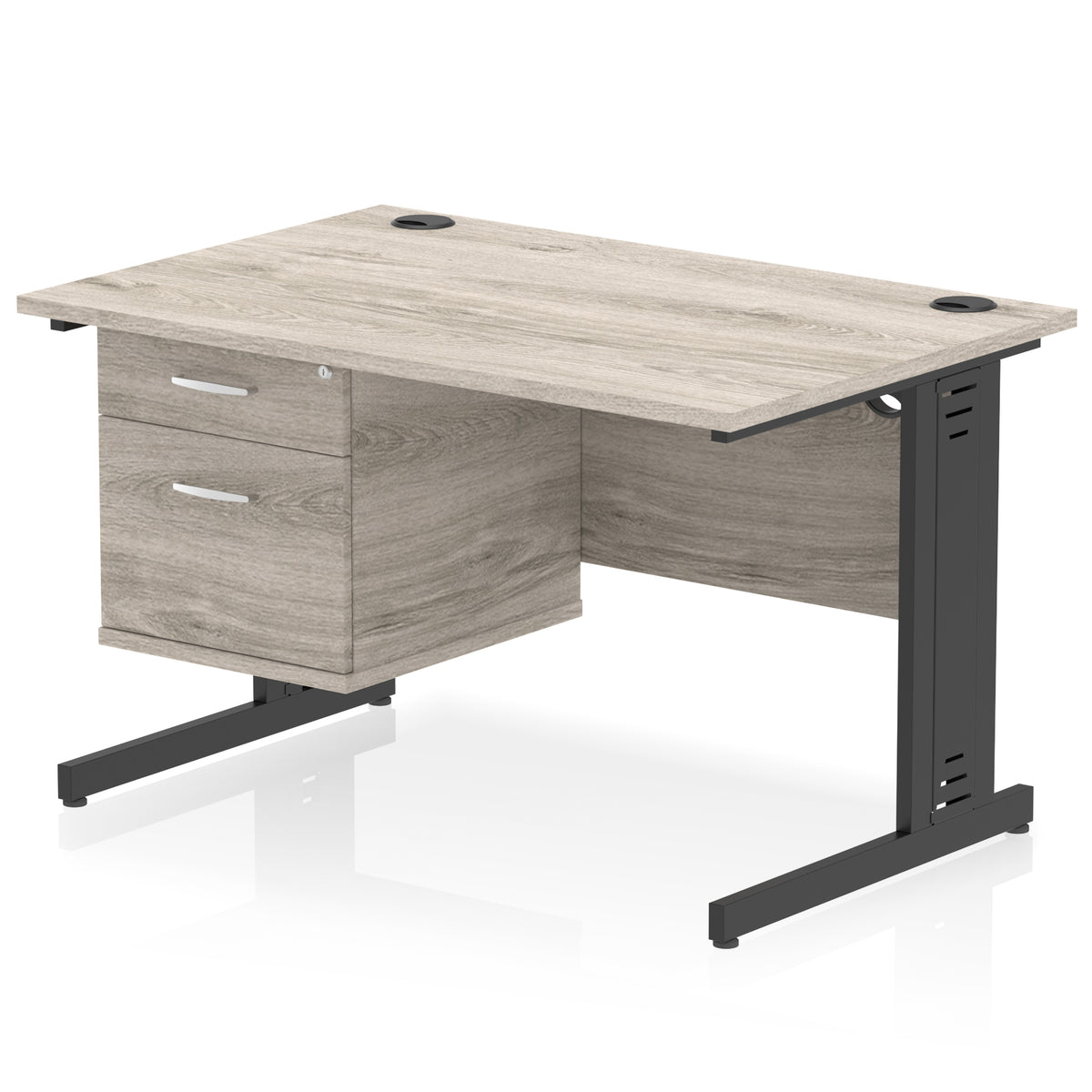 ID Workplace Cable Managed Desk – 1200mm Grey Oak 2 Drawer Black - Industrious Decor