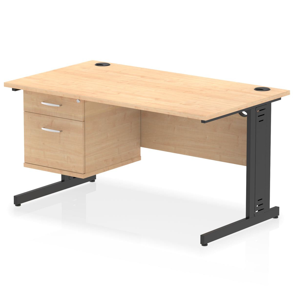 ID Workplace Cable Managed Desk – 1400mm Maple 2 Drawer Black - Industrious Decor