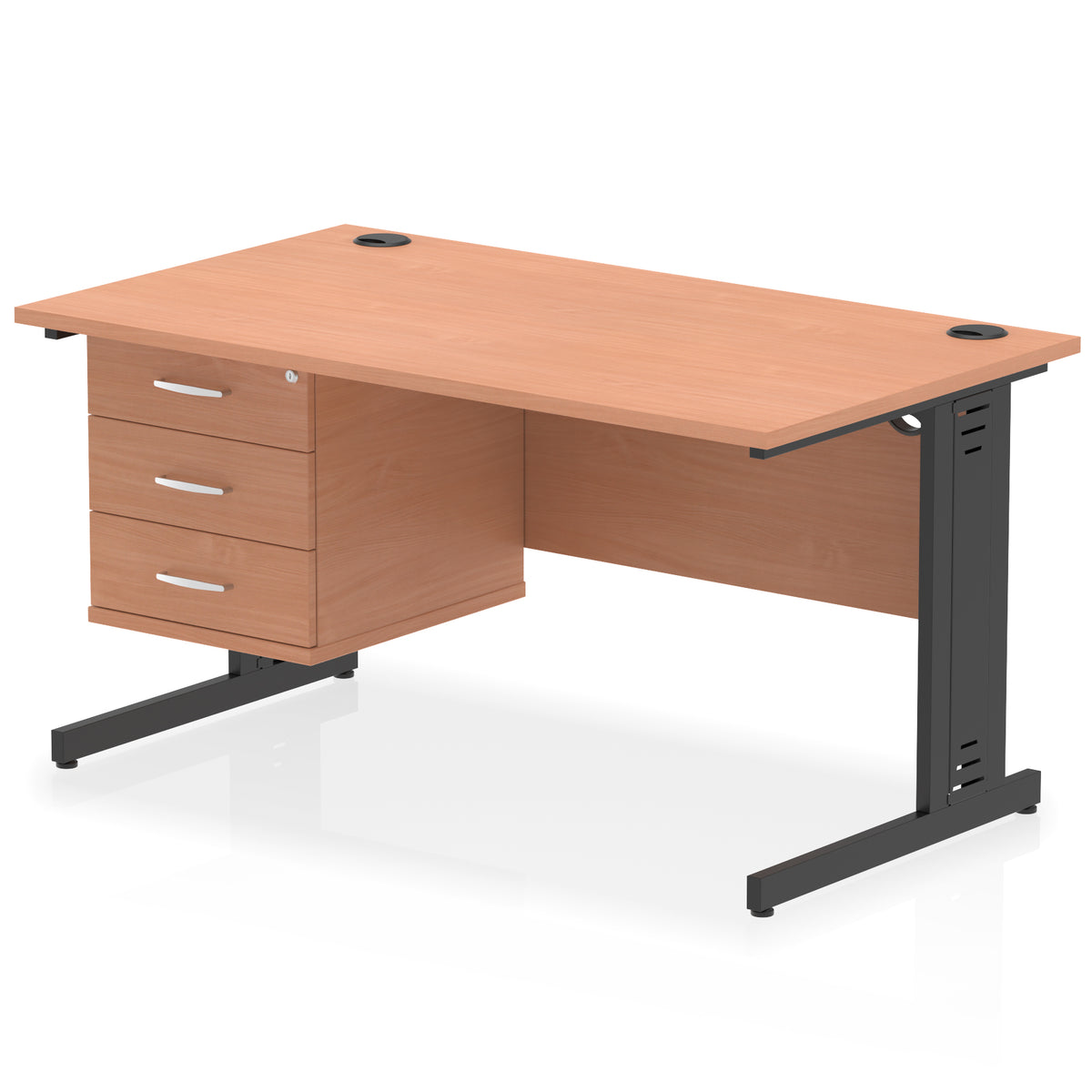 ID Workplace Cable Managed Desk – 1400mm Beech 3 Drawer Black - Industrious Decor