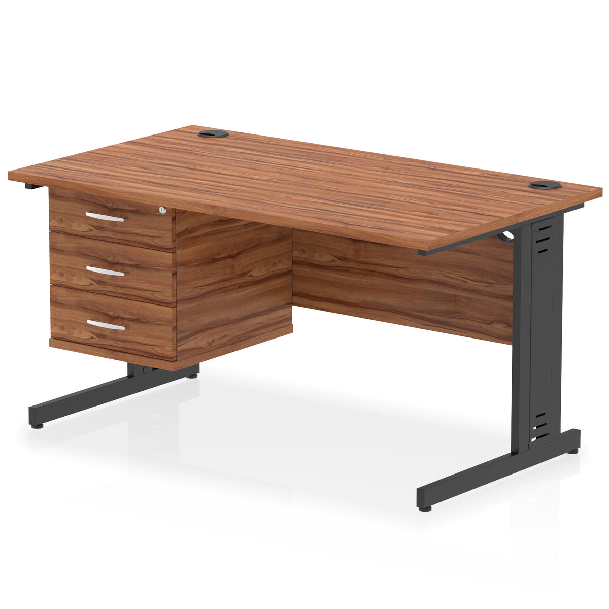 ID Workplace Cable Managed Desk – 1400mm Walnut 3 Drawer Black - Industrious Decor