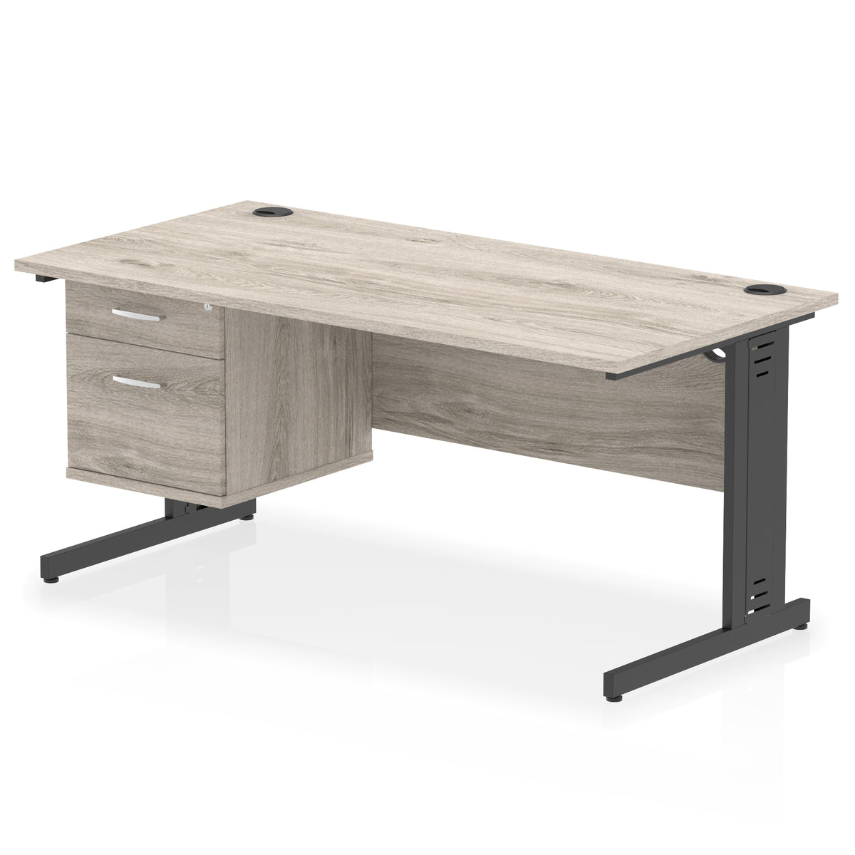 ID Workplace Cable Managed Desk – 1600mm Grey Oak 2 Drawer Black - Industrious Decor