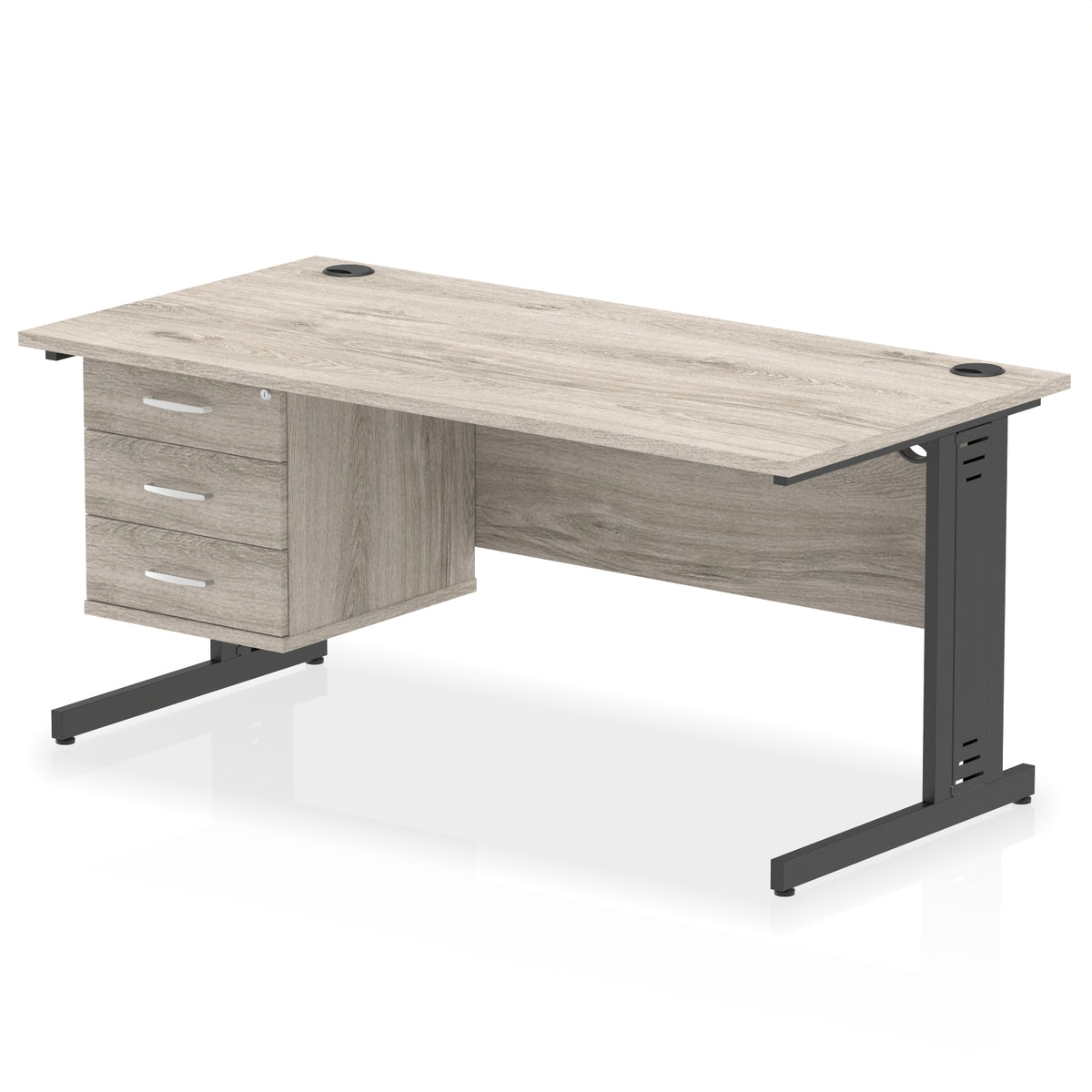 ID Workplace Cable Managed Desk – 1600mm Grey Oak 3 Drawer Black - Industrious Decor