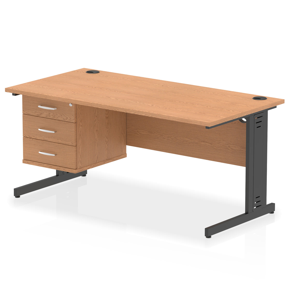 ID Workplace Cable Managed Desk – 1600mm Oak 3 Drawer Black - Industrious Decor