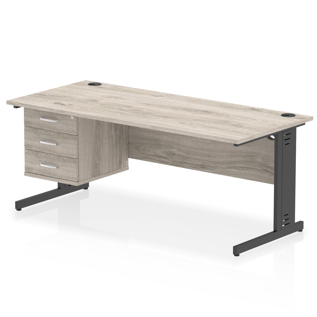 ID Workplace Cable Managed Desk – 1800mm Grey Oak 3 Drawer Black - Industrious Decor