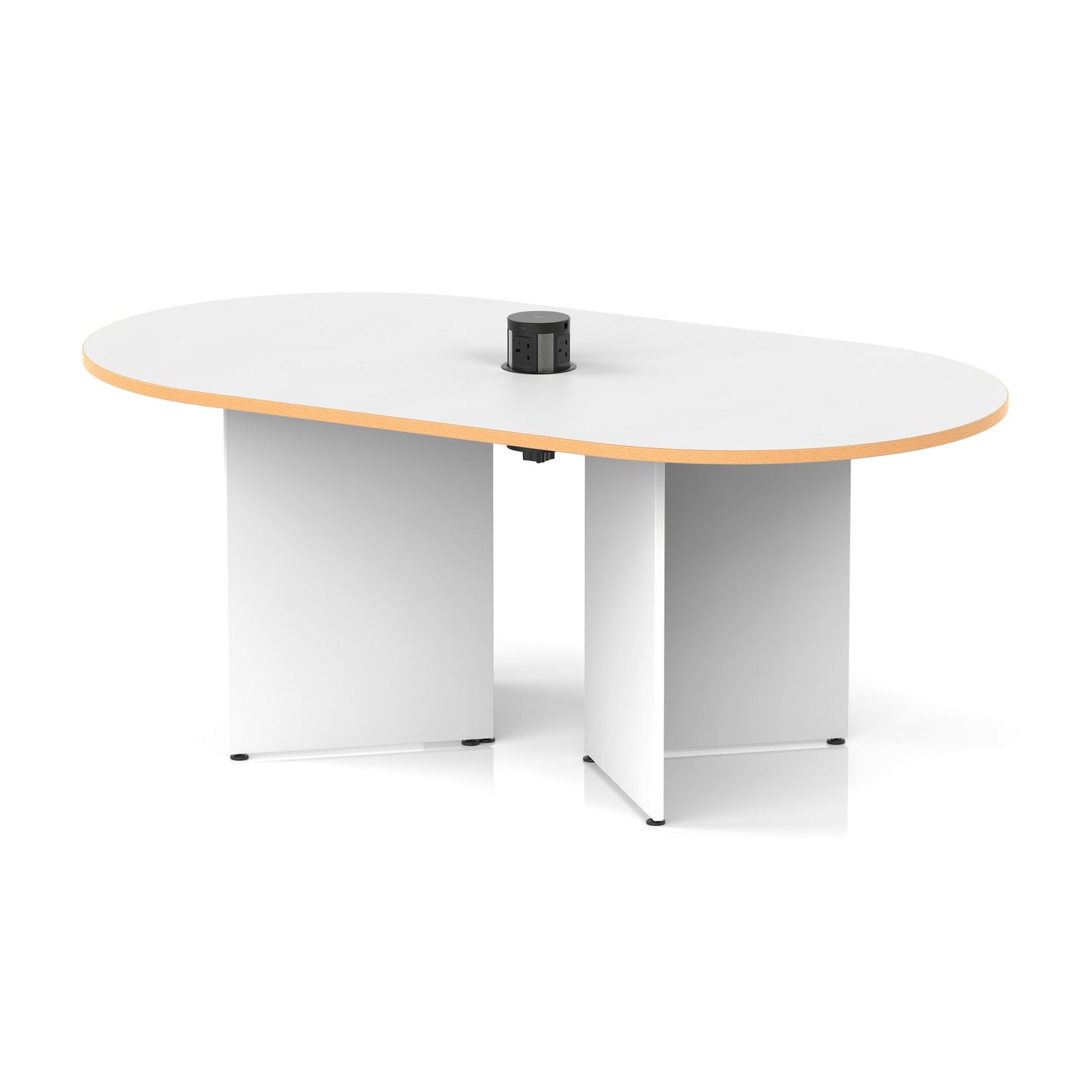 Impulse Volta Boardroom Table With Pop-up Power Module Arrowhead Leg White Top Natural Wood Edge 1800mm Black - Industrious Decor