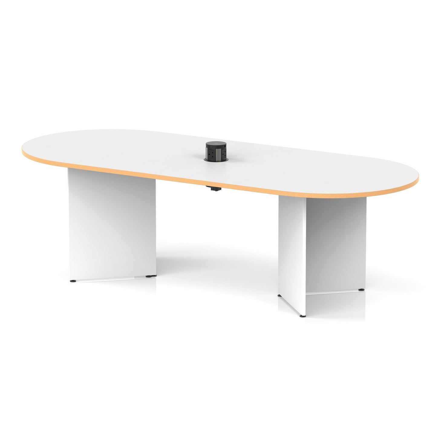 Impulse Volta Boardroom Table With Pop-up Power Module Arrowhead Leg White Top Natural Wood Edge 2400mm Black - Industrious Decor