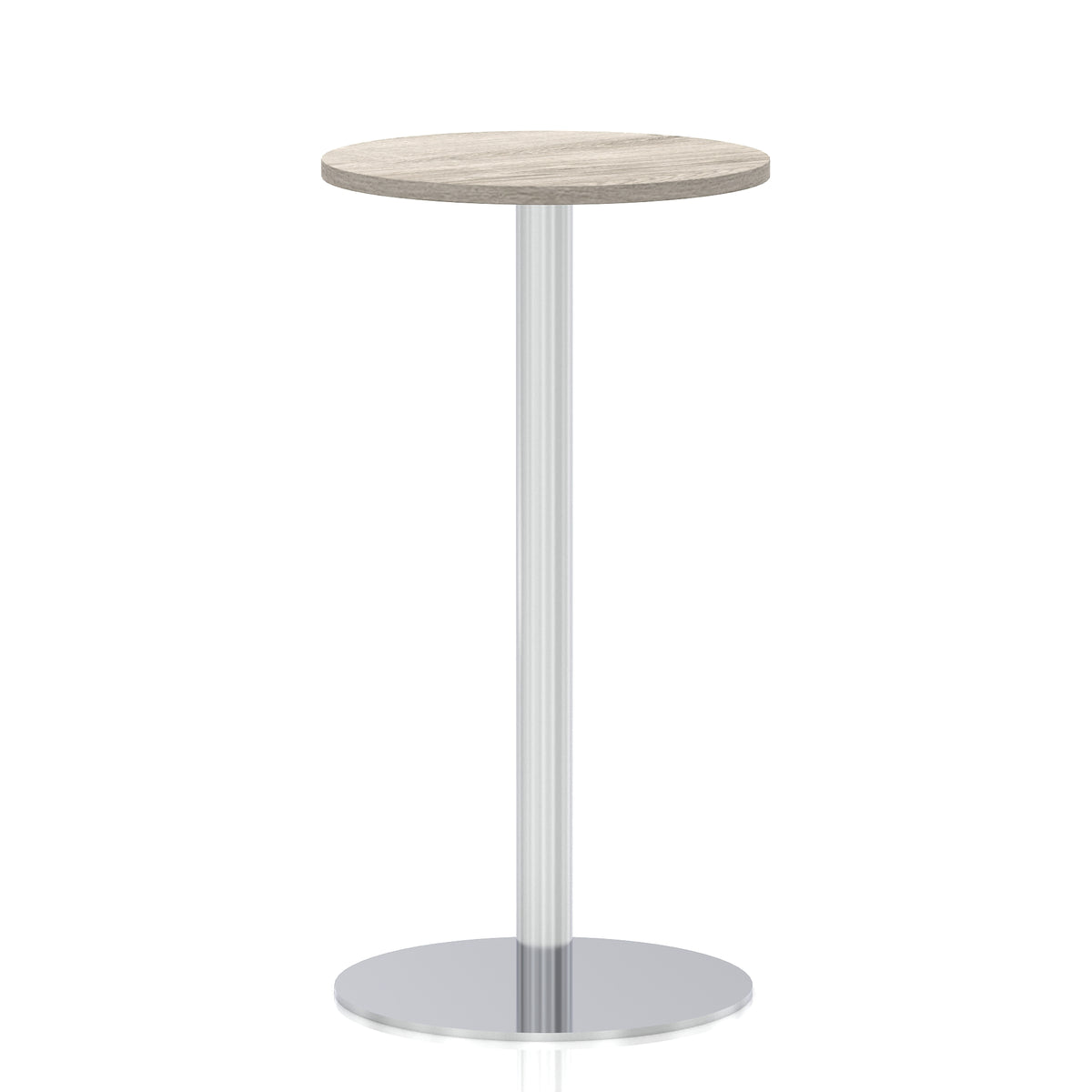Arlo Round Poseur Table – Silver Base Grey Oak 600 1145mm - Industrious Decor