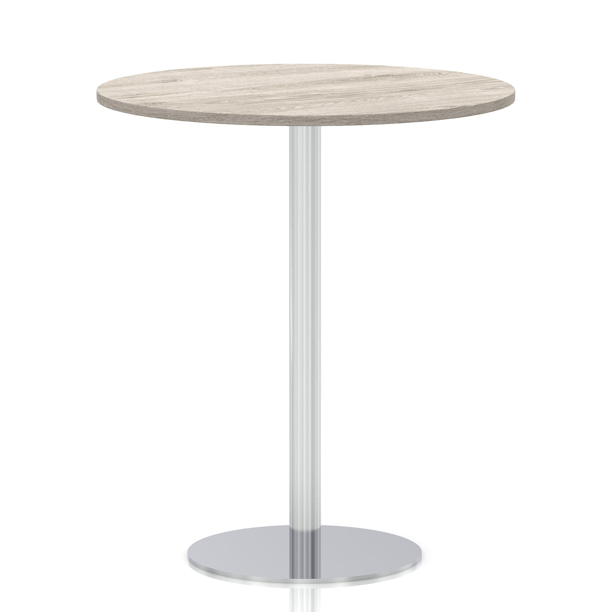 Arlo Round Poseur Table – Silver Base Grey Oak 1000 1145mm - Industrious Decor