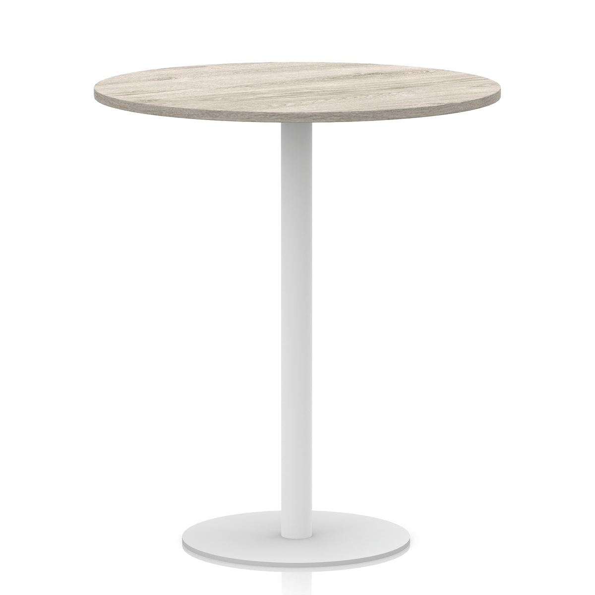 Arlo Round Poseur Table – White Base Grey Oak 1000 1145mm - Industrious Decor