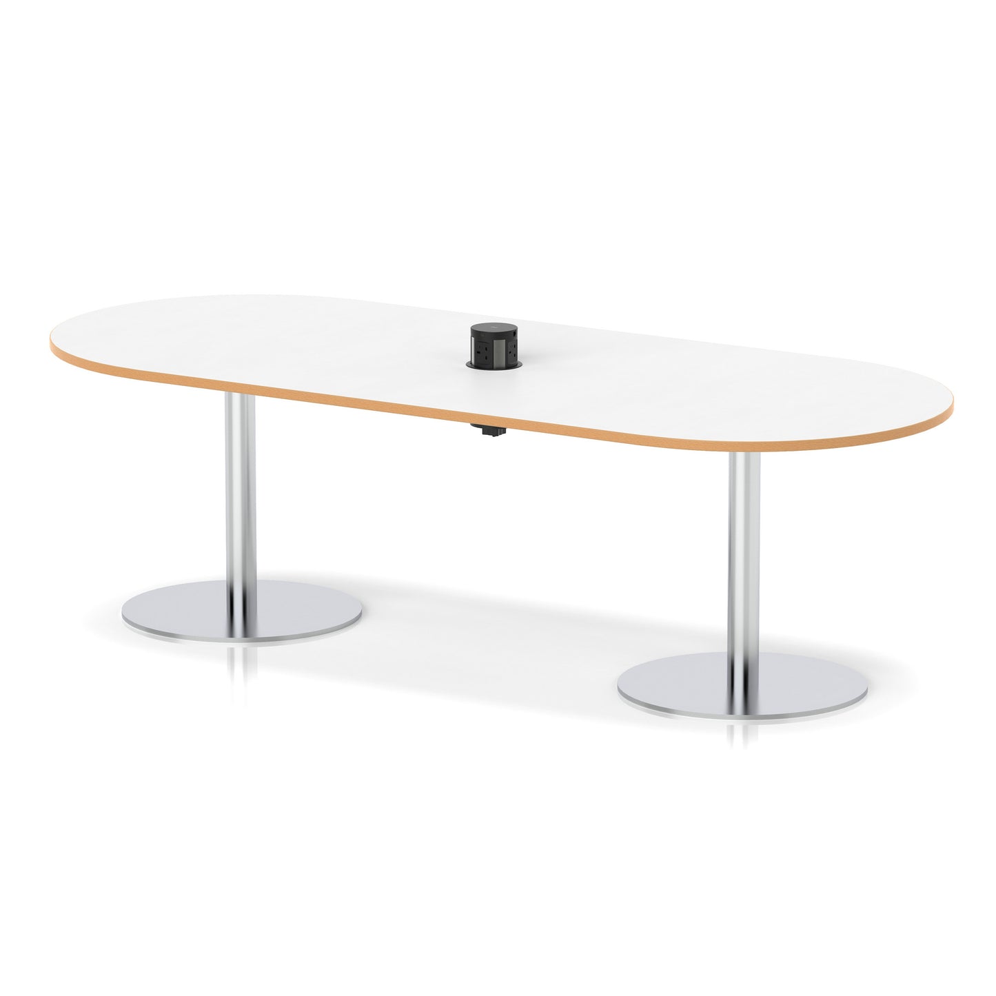 Italia Volta Poseur Boardroom Table With Pop-up Power Module White Top Natural Wood Edge 2400mm Silver - Industrious Decor