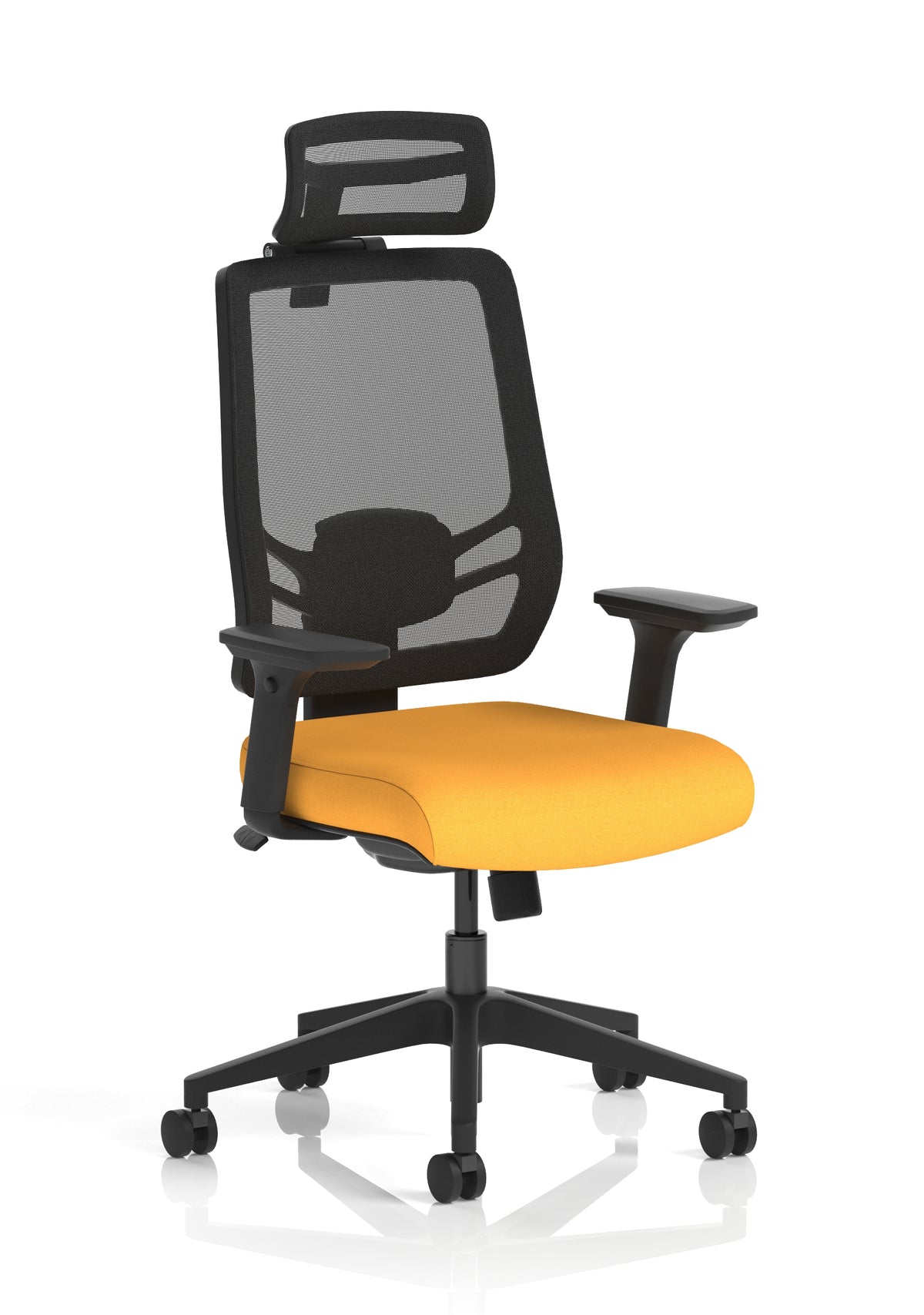 Halsey 24Hr High Back Mesh Ergonomic Task Chair with Arms Mesh & Bespoke Senna Yellow Fabric With Headrest - Industrious Decor
