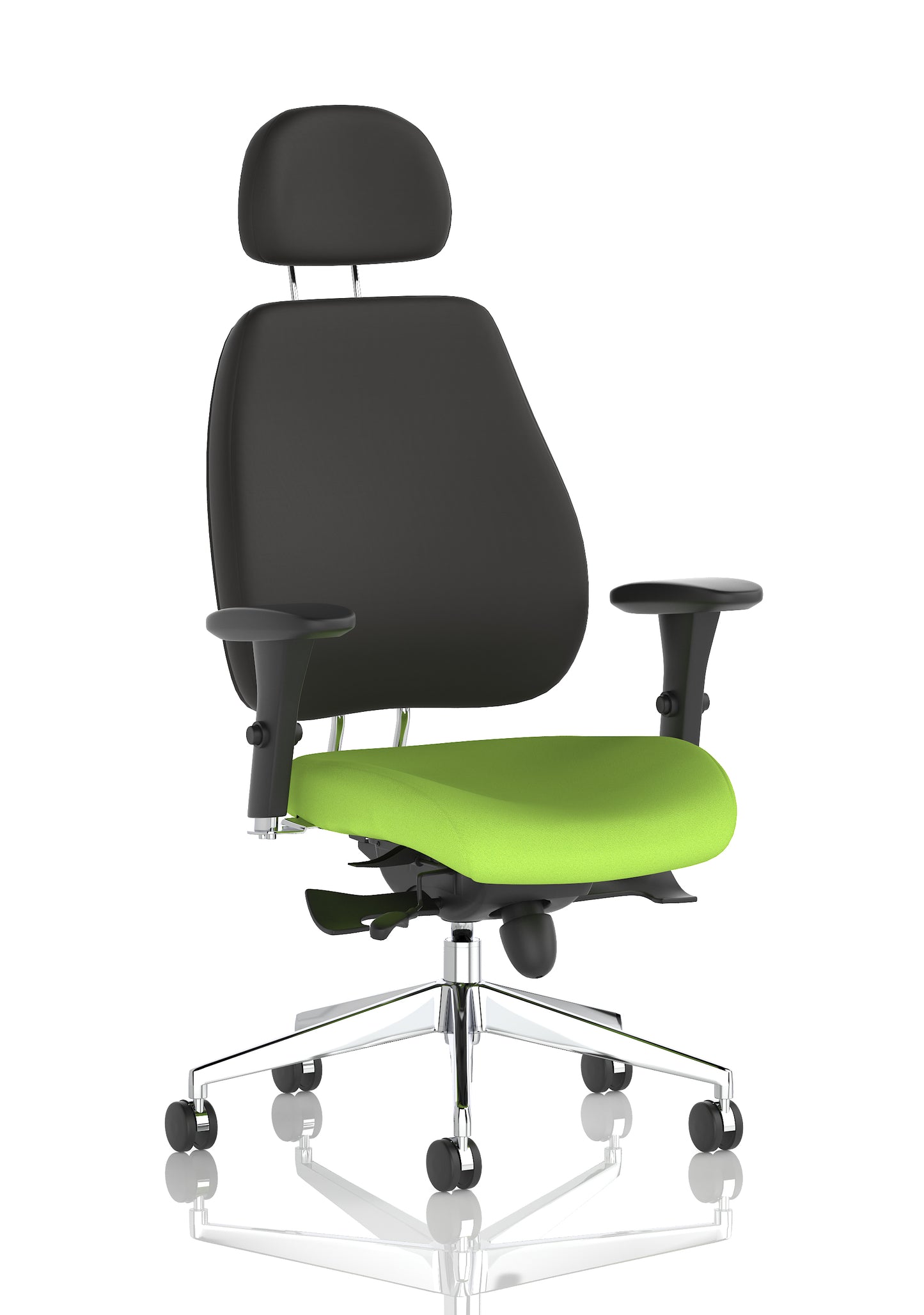 Chiro Plus High Back Ergonomic Posture Chair with Arms Bespoke Myrrh Green Fabric Black With Headrest - Industrious Decor