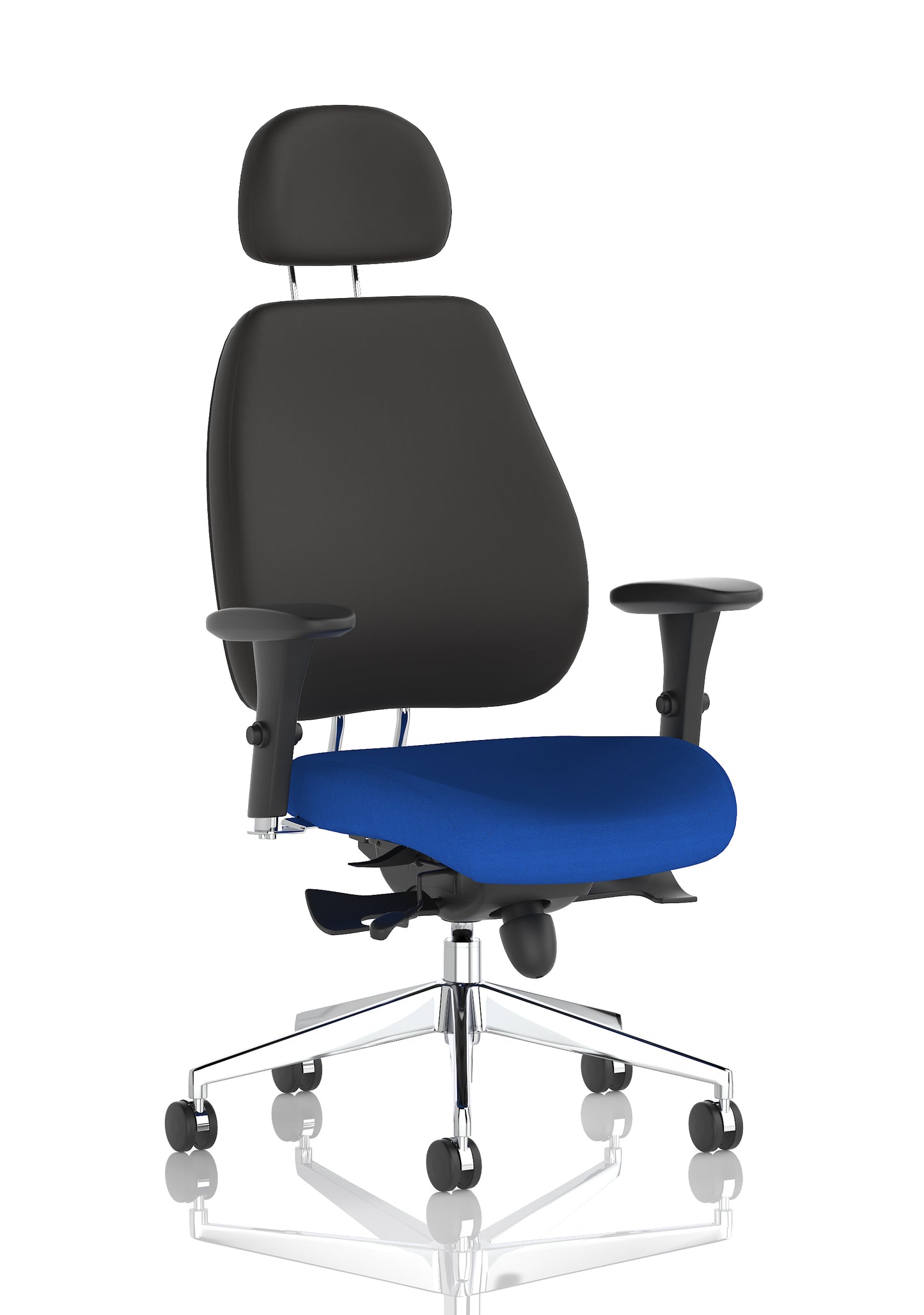 Chiro Plus High Back Ergonomic Posture Chair with Arms Bespoke Stevia Blue Fabric Black With Headrest - Industrious Decor