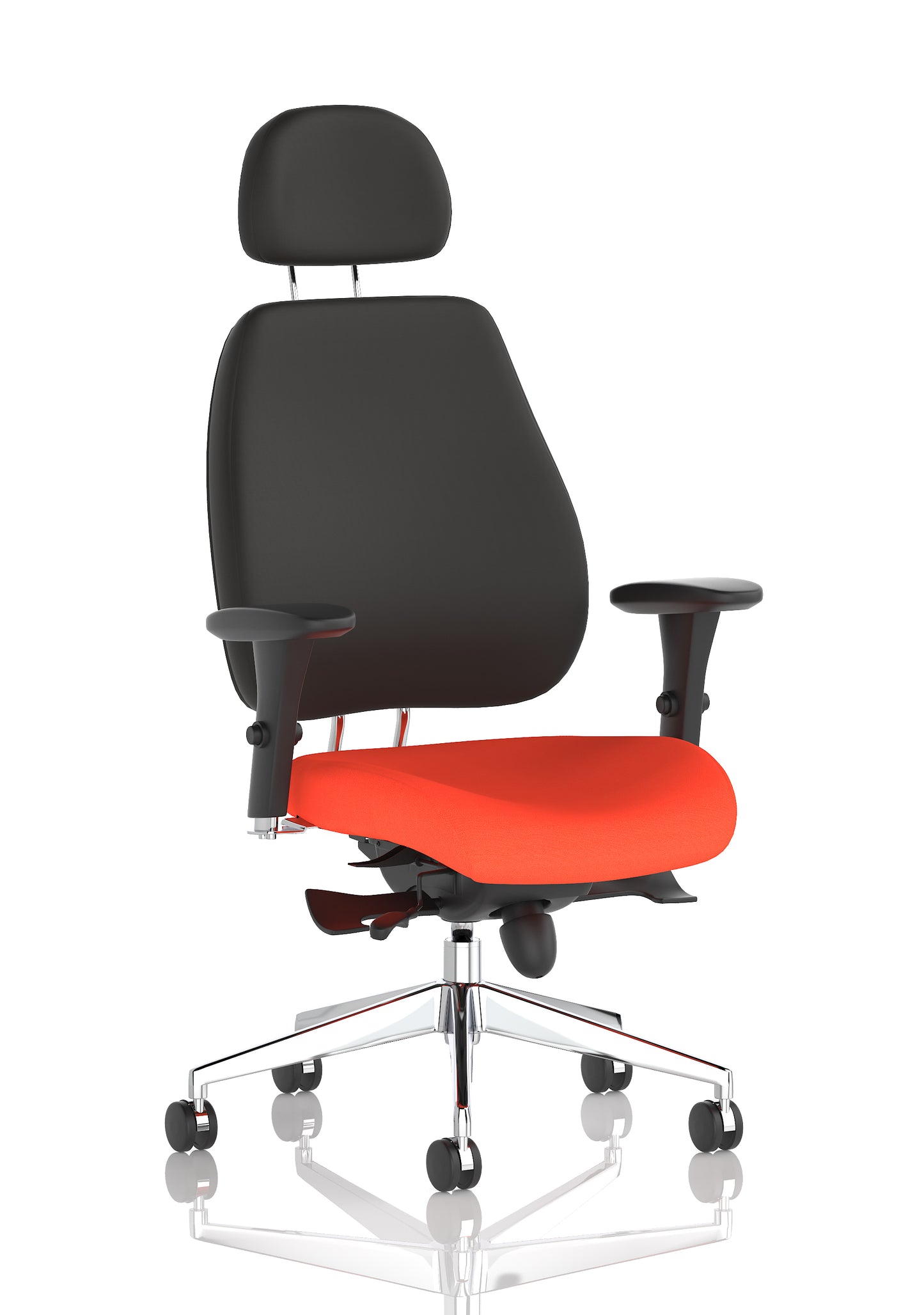 Chiro Plus High Back Ergonomic Posture Chair with Arms Bespoke Tabasco Orange Fabric Black With Headrest - Industrious Decor