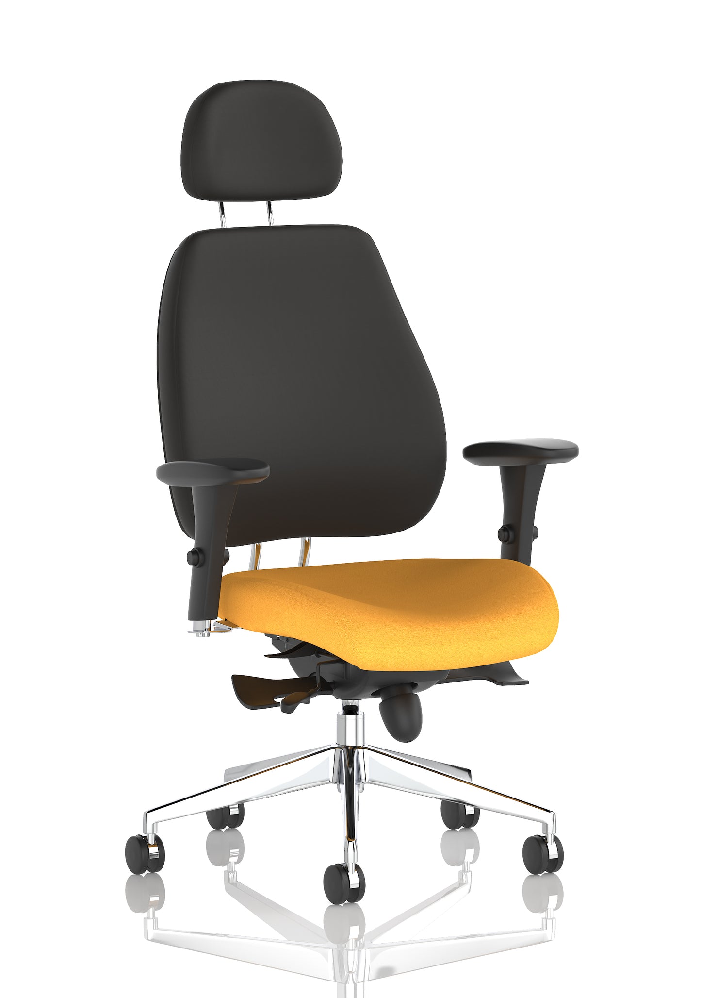 Chiro Plus High Back Ergonomic Posture Chair with Arms Bespoke Senna Yellow Fabric Black With Headrest - Industrious Decor