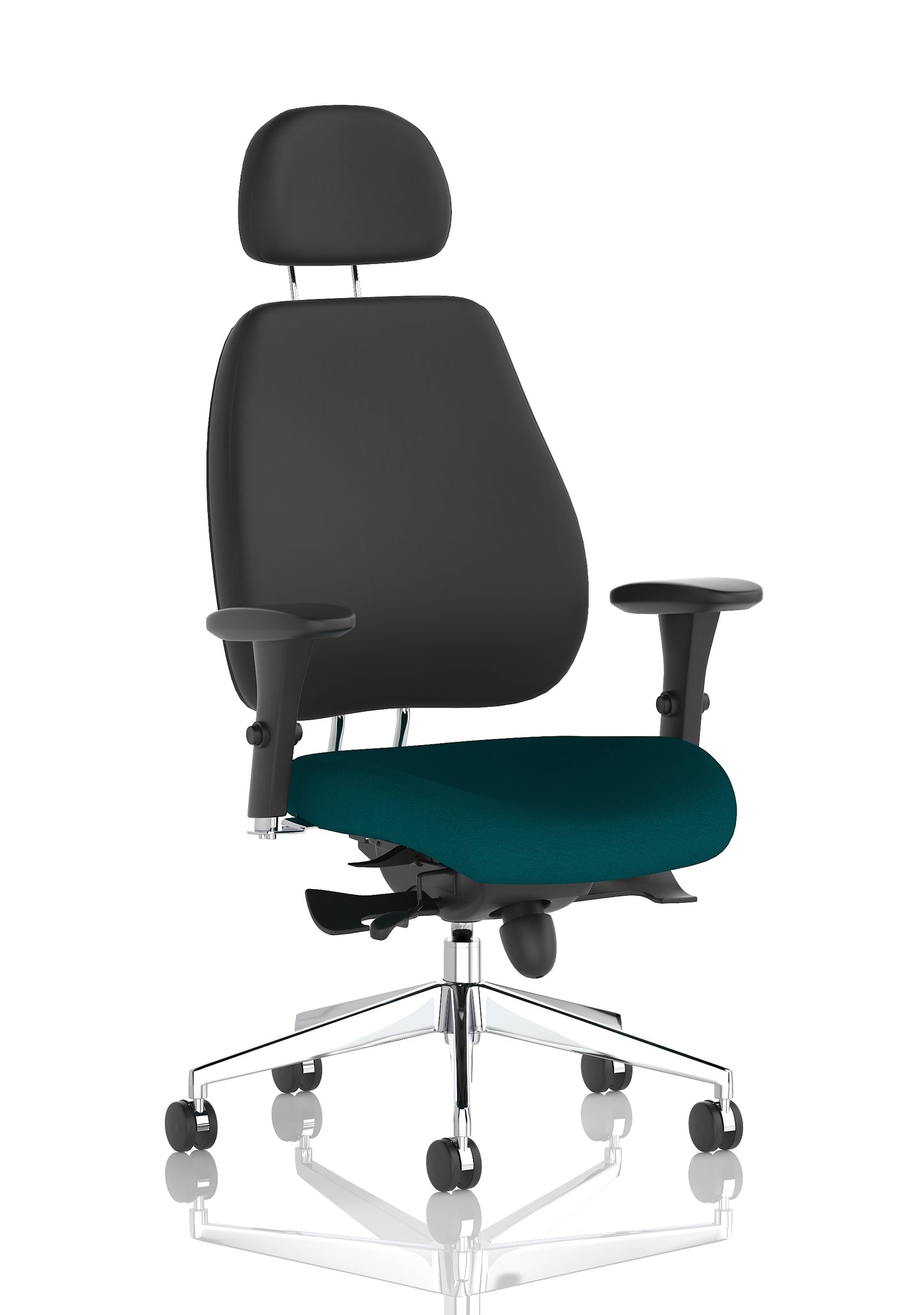 Chiro Plus High Back Ergonomic Posture Chair with Arms Bespoke Maringa Teal Fabric Black With Headrest - Industrious Decor