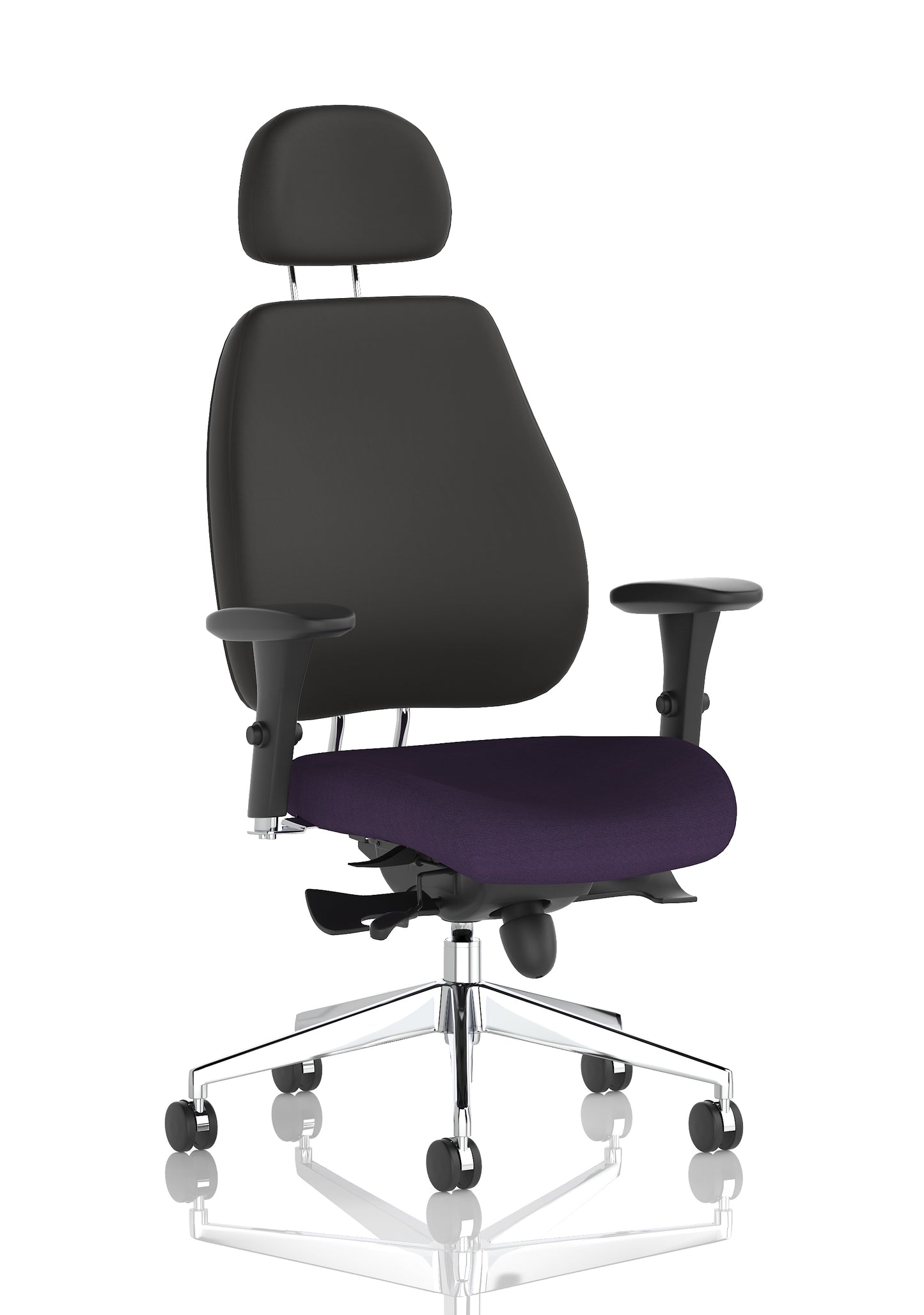 Chiro Plus High Back Ergonomic Posture Chair with Arms Bespoke Tansy Purple Fabric Black With Headrest - Industrious Decor