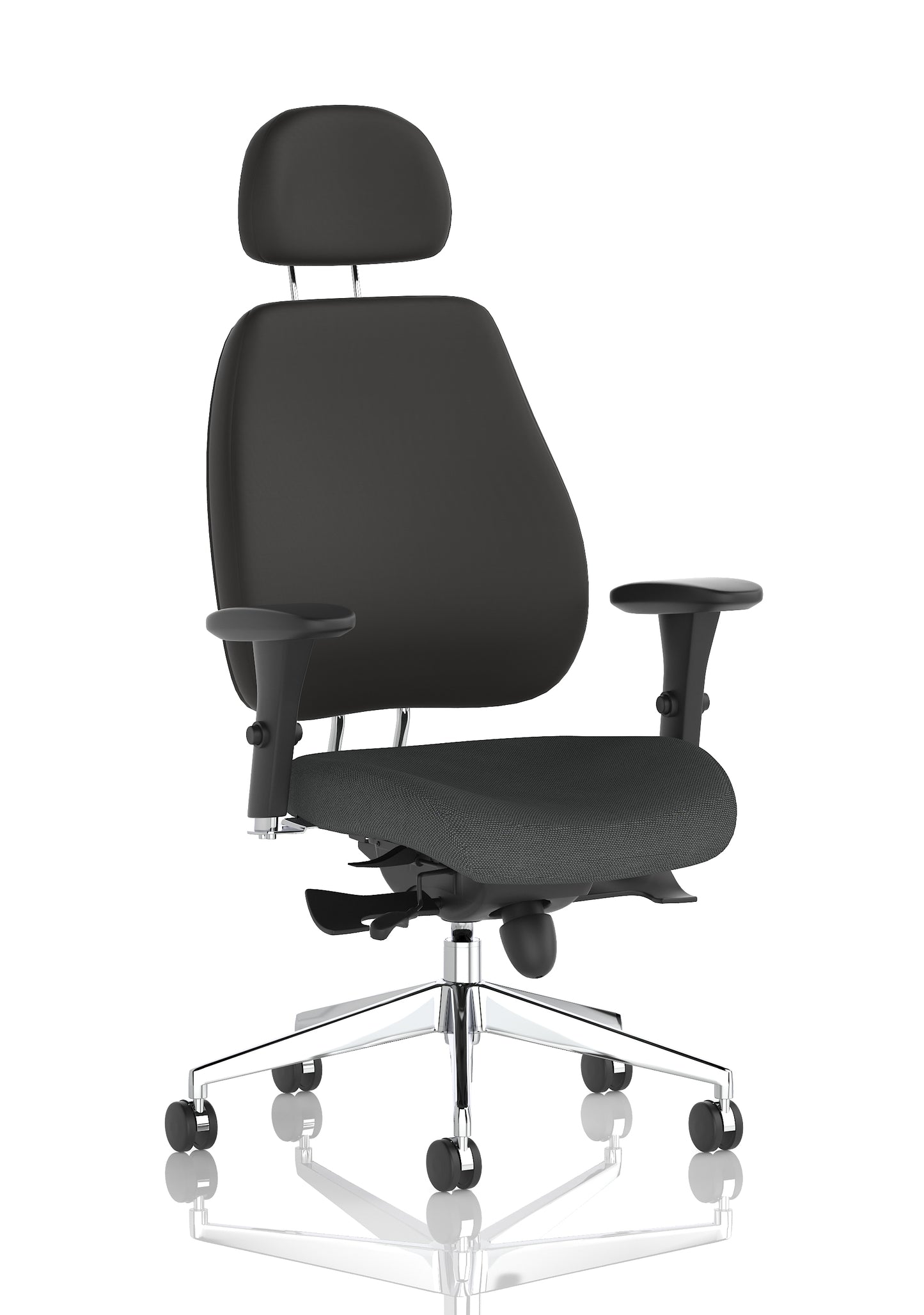 Chiro Plus High Back Ergonomic Posture Chair with Arms Bespoke Quest Mussel Fabric Black With Headrest - Industrious Decor