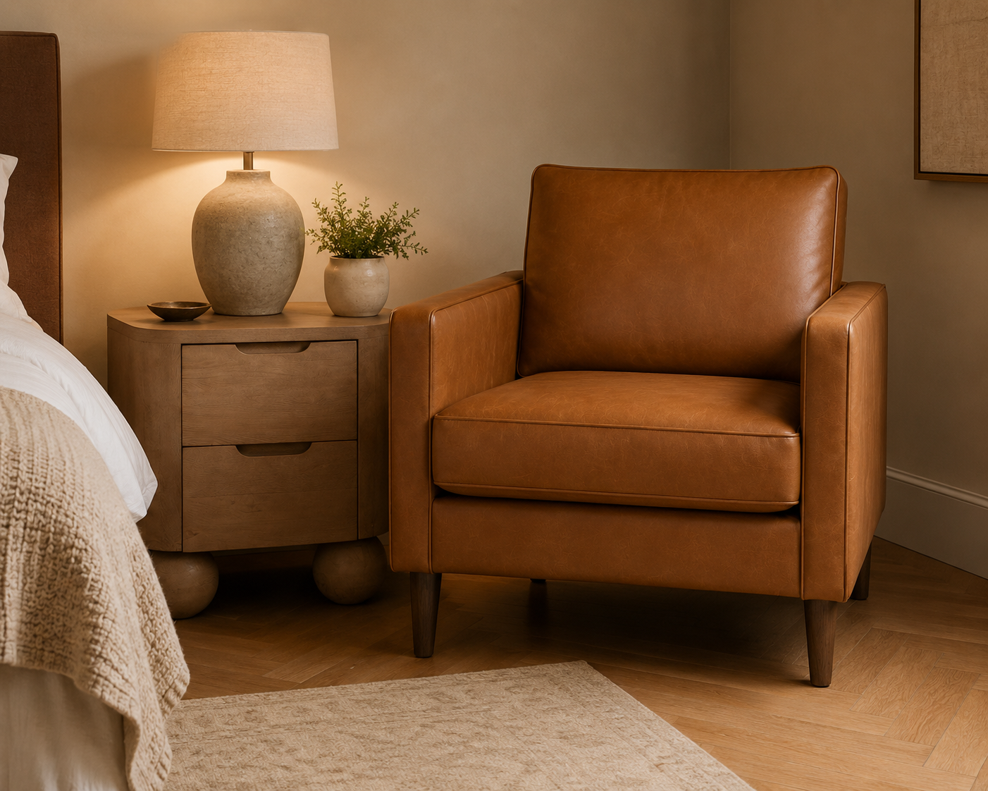 Kelso Armchair in tan faux leather — CRIB 5 contract sofa by Industrious Decor
