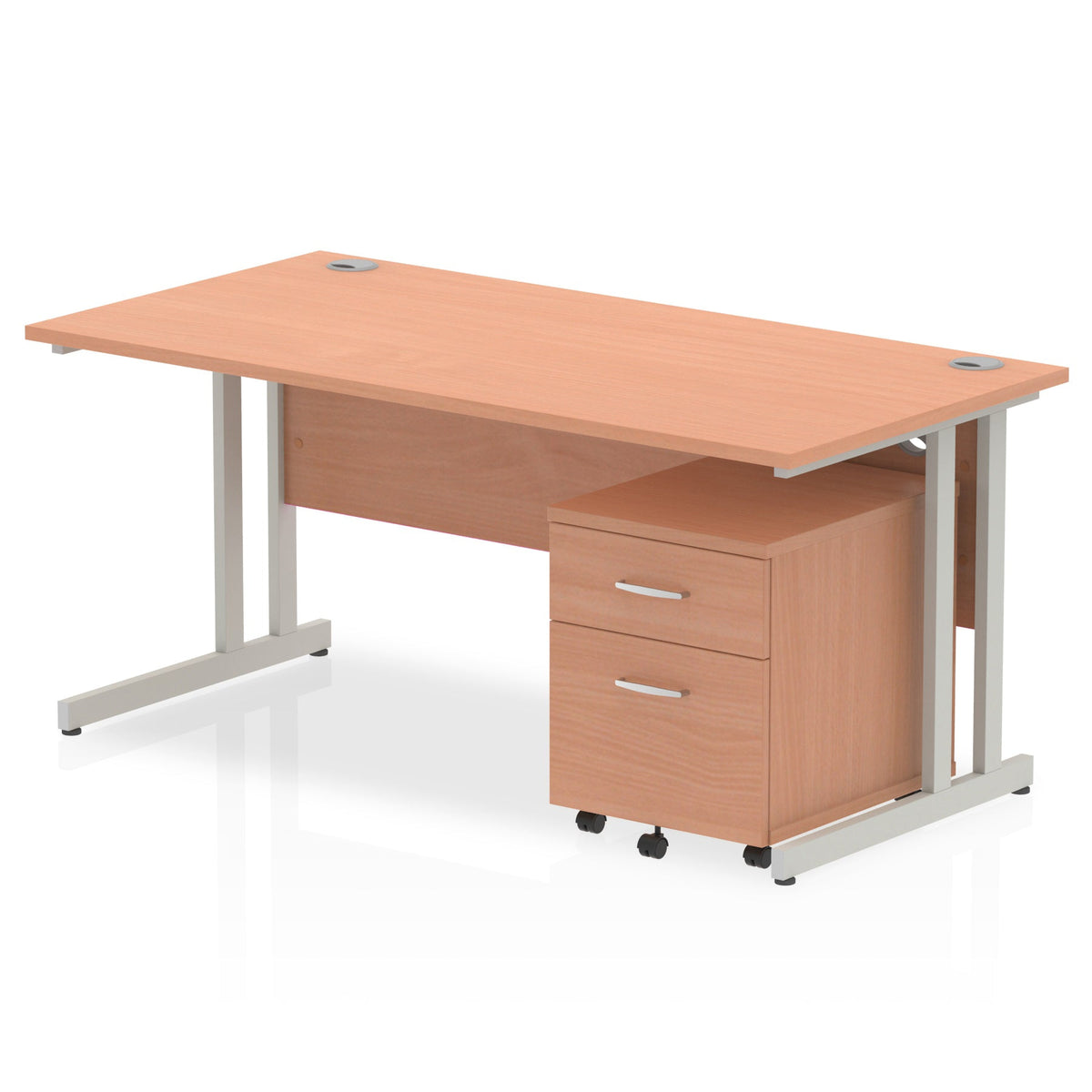 ID Workplace Cantilever Desk with Mobile Pedestal Beech Silver 2 Drawer Mobile Pedestal - Industrious Decor
